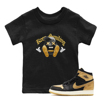 1s Black Metallic Gold shirts to match jordans Keep Smiling sneaker match tees Jordan 1 High OG Black and Gold SNRT Sneaker Tees streetwear brand Baby and Youth Black 1 cotton tee