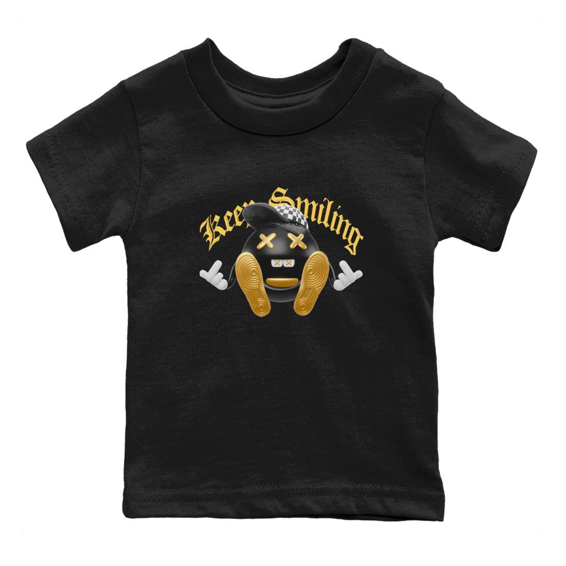 1s Black Metallic Gold shirts to match jordans Keep Smiling sneaker match tees Jordan 1 High OG Black and Gold SNRT Sneaker Tees streetwear brand Baby and Youth Black 2 cotton tee