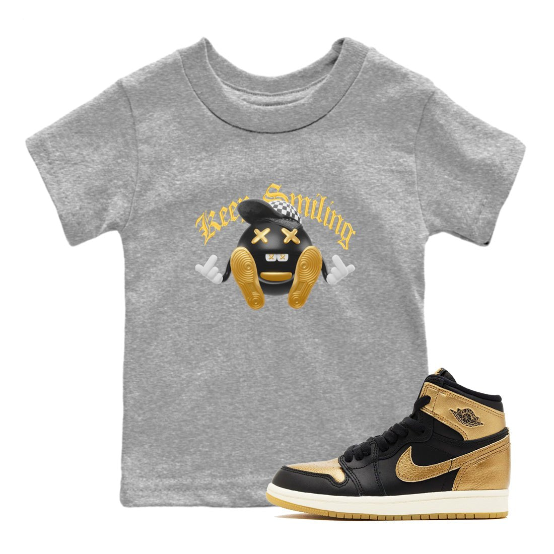 1s Black Metallic Gold shirts to match jordans Keep Smiling sneaker match tees Jordan 1 High OG Black and Gold SNRT Sneaker Tees streetwear brand Baby and Youth Heather Grey 1 cotton tee