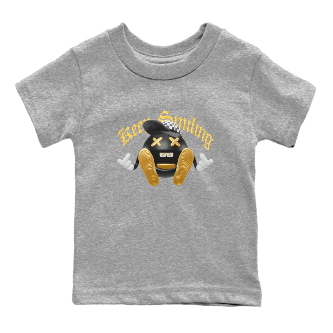 1s Black Metallic Gold shirts to match jordans Keep Smiling sneaker match tees Jordan 1 High OG Black and Gold SNRT Sneaker Tees streetwear brand Baby and Youth Heather Grey 2 cotton tee