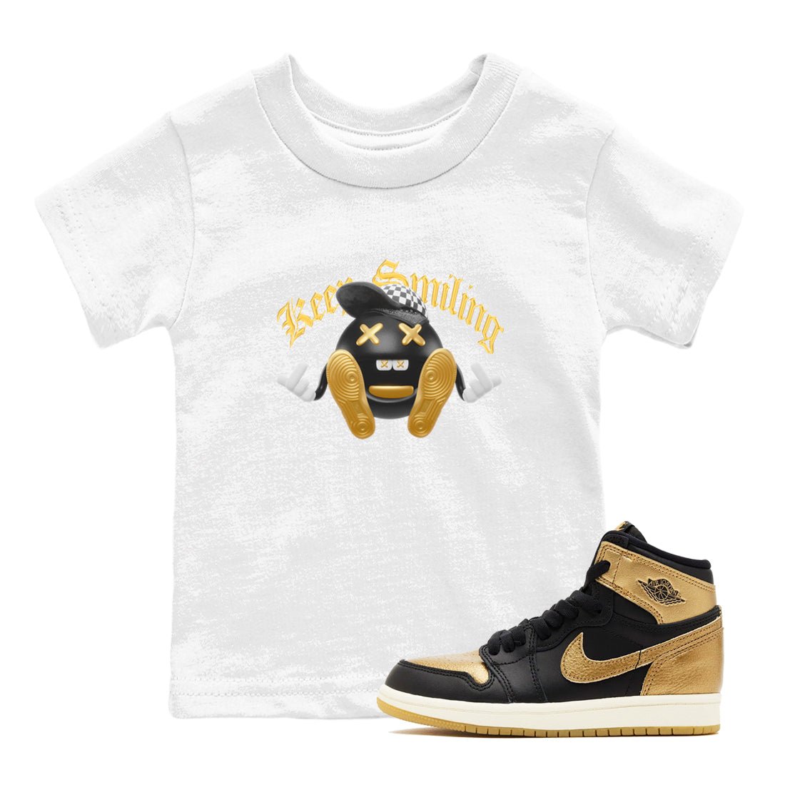 1s Black Metallic Gold shirts to match jordans Keep Smiling sneaker match tees Jordan 1 High OG Black and Gold SNRT Sneaker Tees streetwear brand Baby and Youth White 1 cotton tee