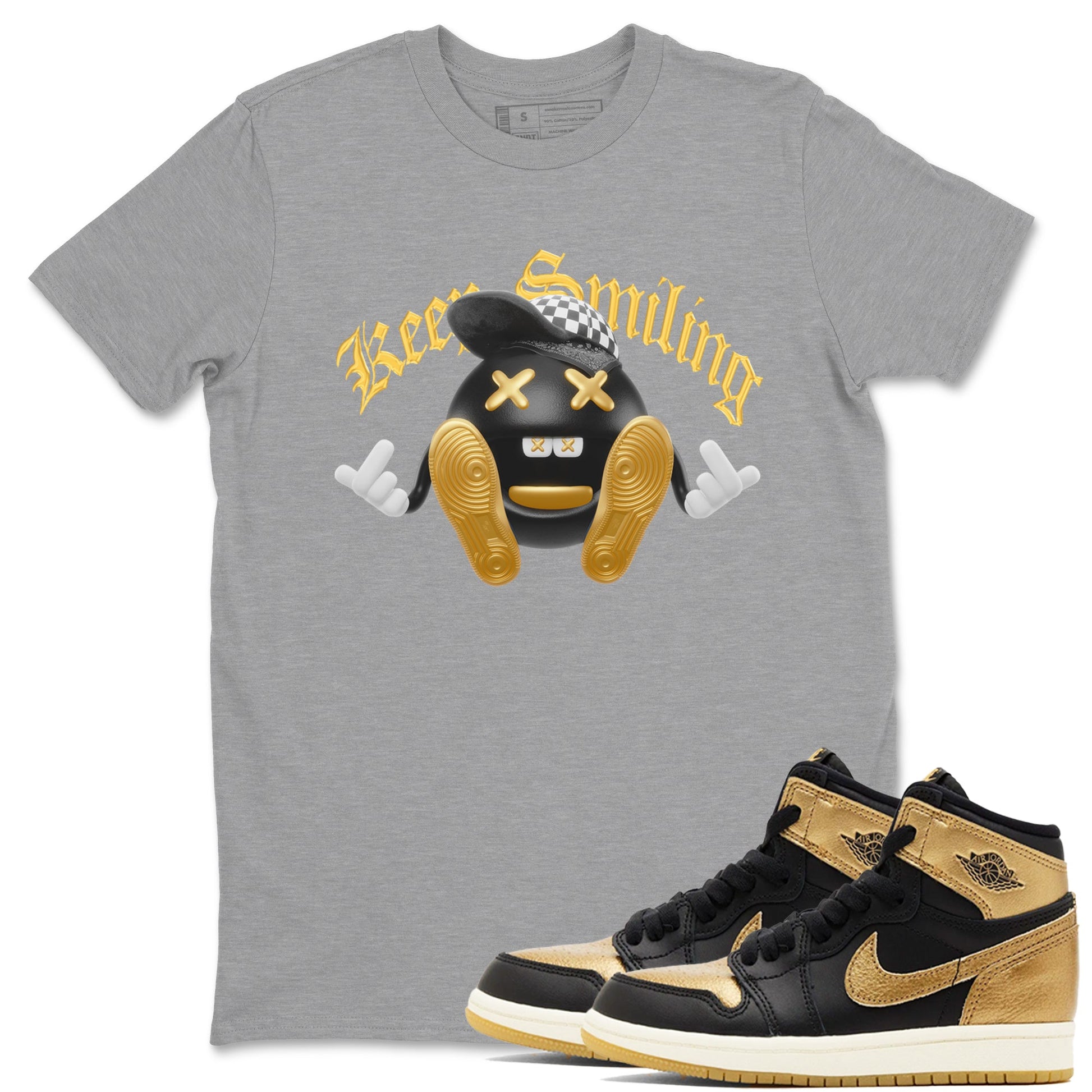 1s Black Metallic Gold shirts to match jordans Keep Smiling sneaker match tees Jordan 1 High OG Black and Gold SNRT Sneaker Tees streetwear brand Heather Grey 1 unisex cotton tee