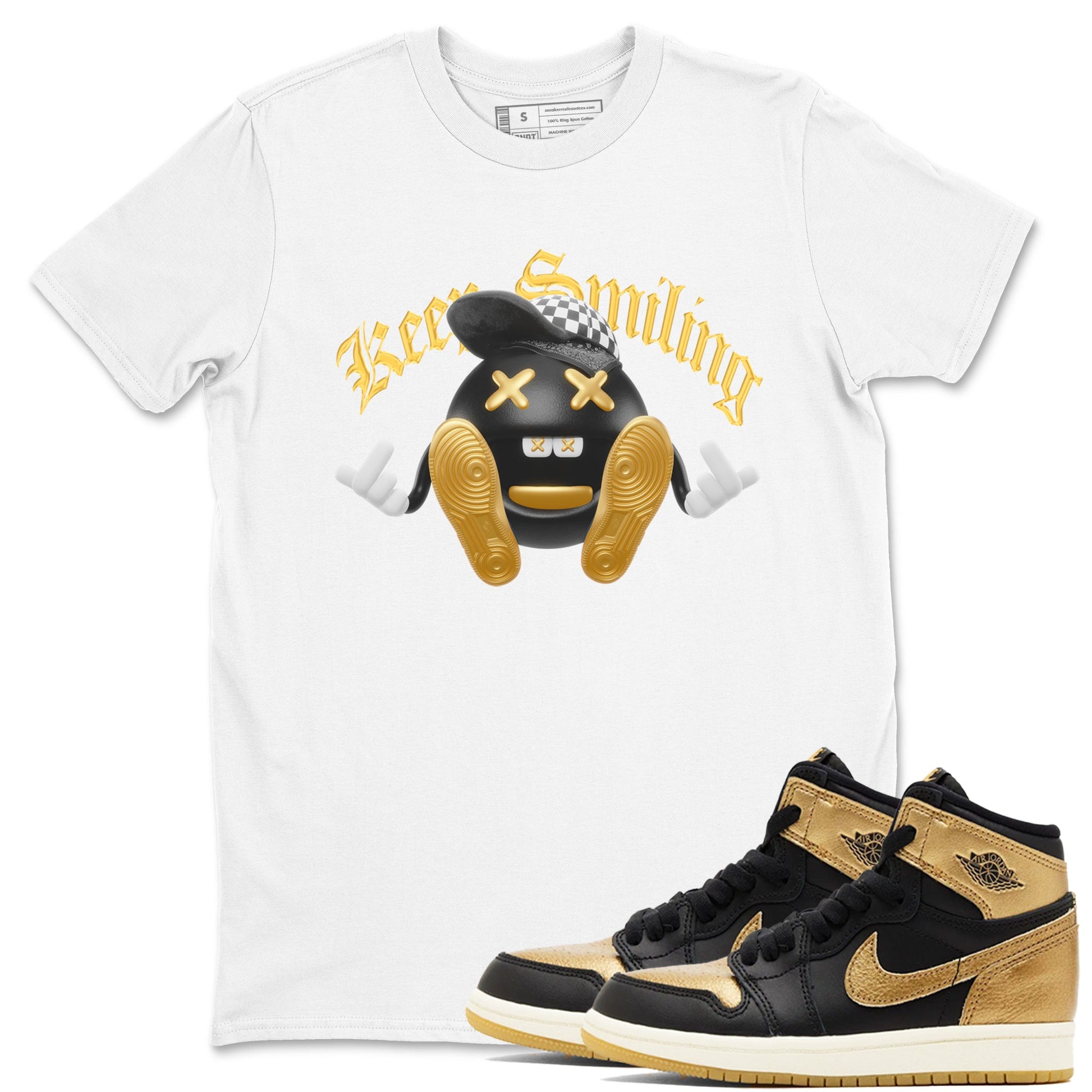 1s Black Metallic Gold shirts to match jordans Keep Smiling sneaker match tees Jordan 1 High OG Black and Gold SNRT Sneaker Tees streetwear brand White 1 unisex cotton tee