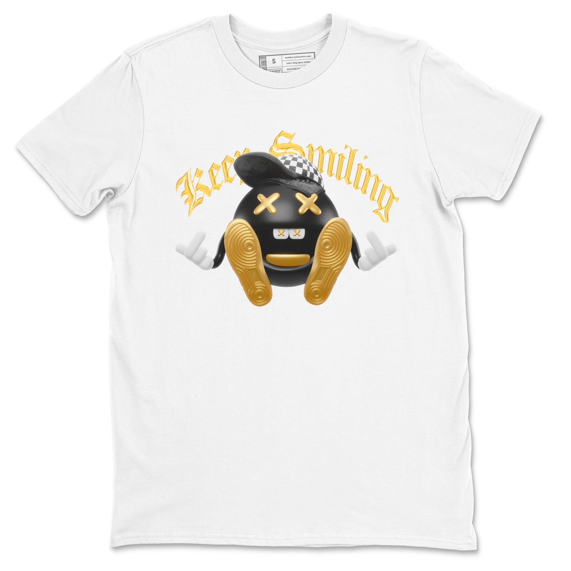 1s Black Metallic Gold shirts to match jordans Keep Smiling sneaker match tees Jordan 1 High OG Black and Gold SNRT Sneaker Tees streetwear brand White 2 unisex cotton tee