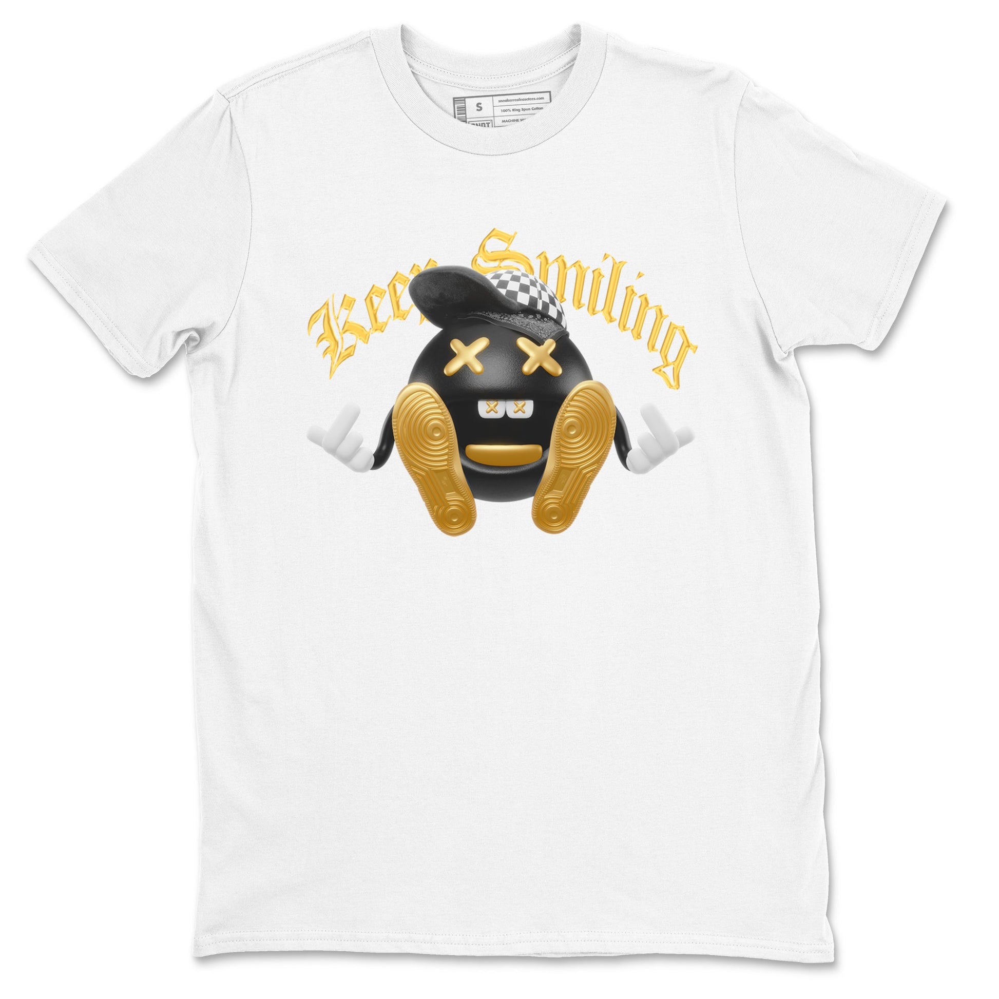 1s Black Metallic Gold shirts to match jordans Keep Smiling sneaker match tees Jordan 1 High OG Black and Gold SNRT Sneaker Tees streetwear brand White 2 unisex cotton tee