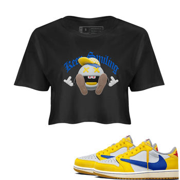 1s Travis Scott Canary shirt to match jordans Keep Smiling sneaker tees Air Jordan 1 Travis Scott Canary SNRT Sneaker Release Tees Black 1 crop length shirt