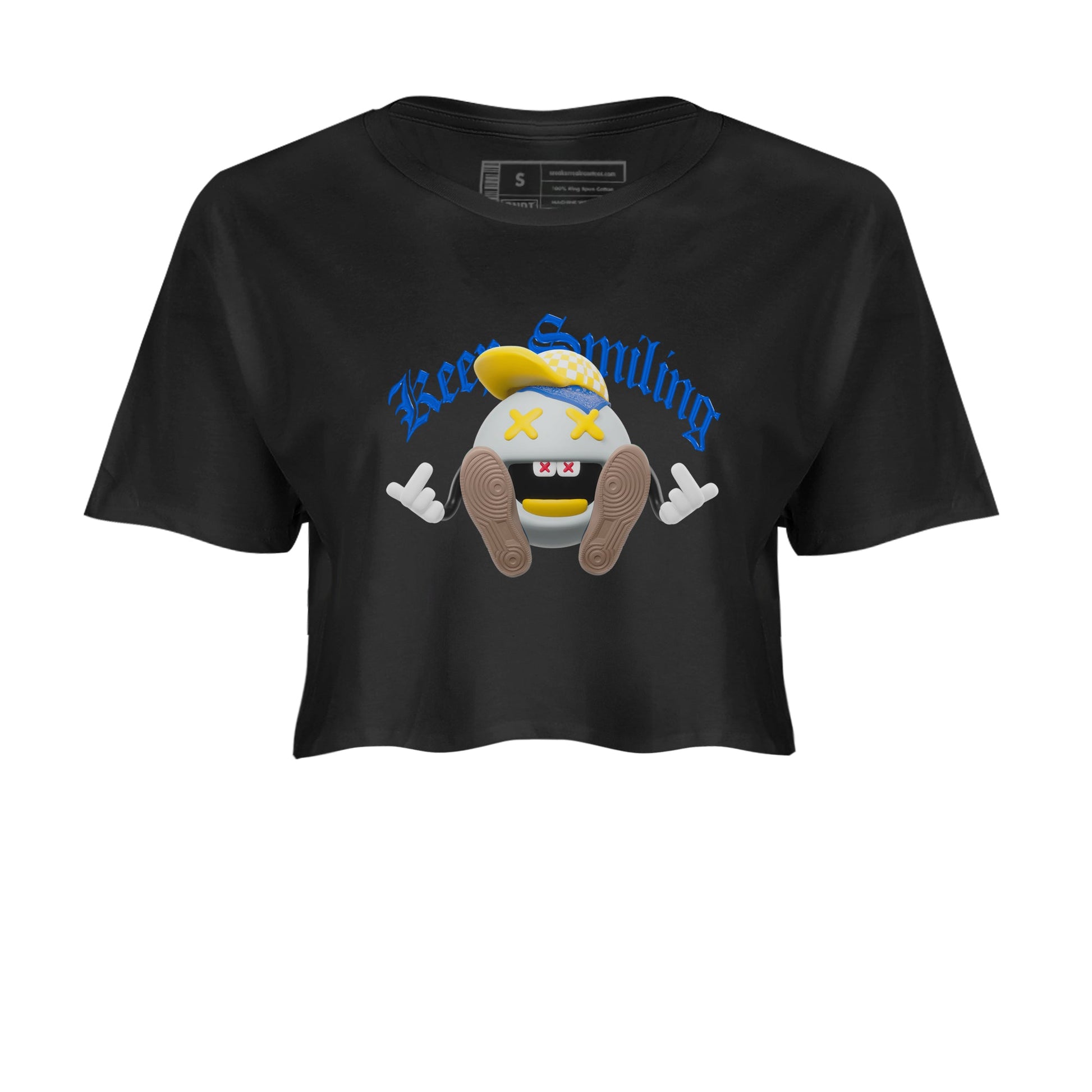 1s Travis Scott Canary shirt to match jordans Keep Smiling sneaker tees Air Jordan 1 Travis Scott Canary SNRT Sneaker Release Tees Black 2 crop length shirt