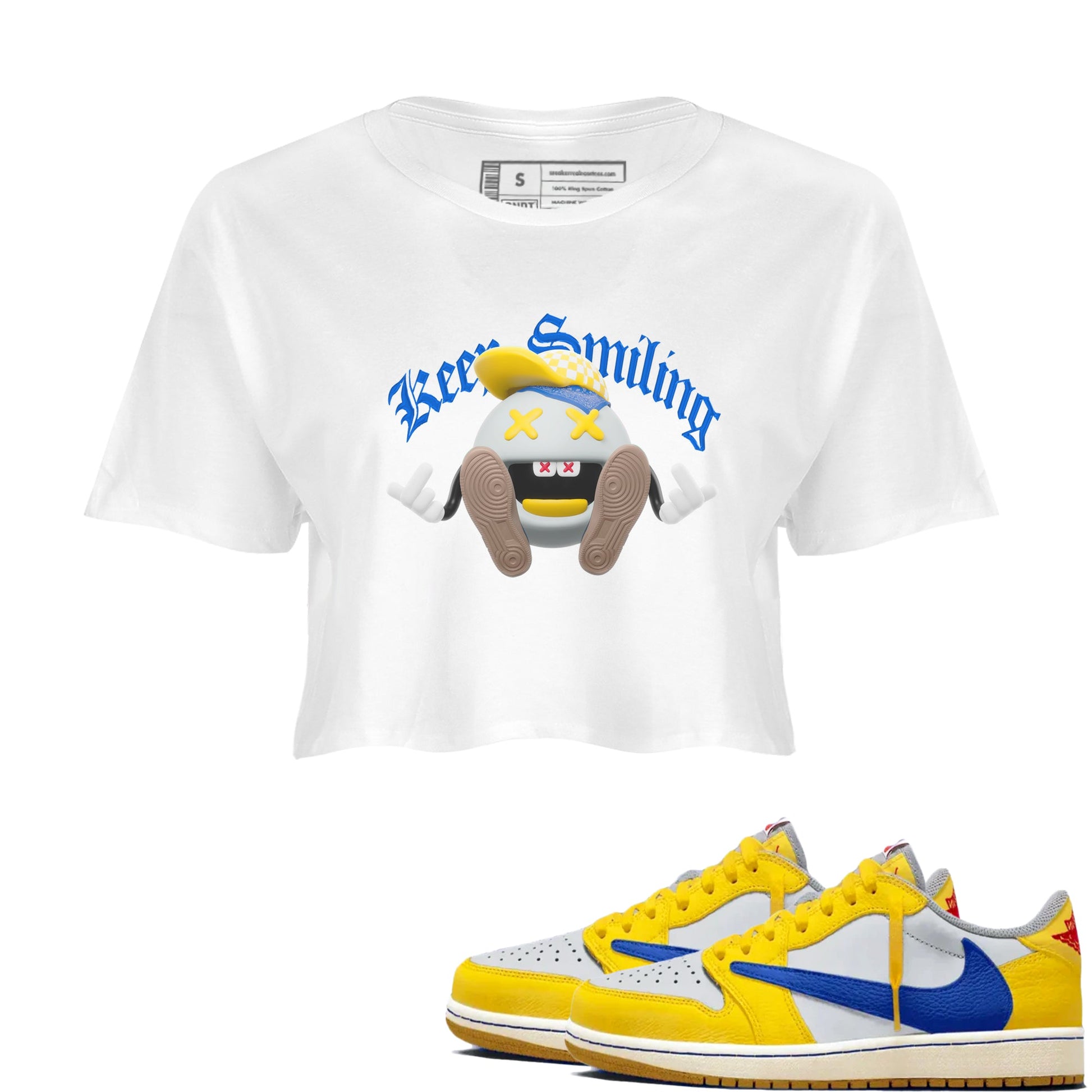 1s Travis Scott Canary shirt to match jordans Keep Smiling sneaker tees Air Jordan 1 Travis Scott Canary SNRT Sneaker Release Tees White 1 crop length shirt