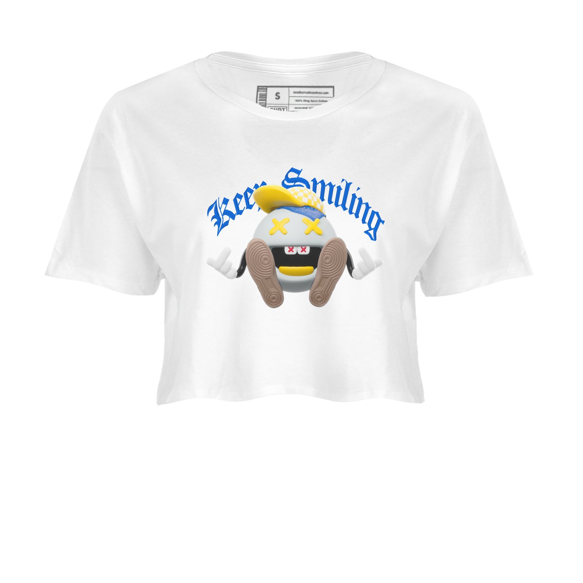 1s Travis Scott Canary shirt to match jordans Keep Smiling sneaker tees Air Jordan 1 Travis Scott Canary SNRT Sneaker Release Tees White 2 crop length shirt