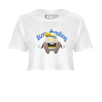 1s Travis Scott Canary shirt to match jordans Keep Smiling sneaker tees Air Jordan 1 Travis Scott Canary SNRT Sneaker Release Tees White 2 crop length shirt