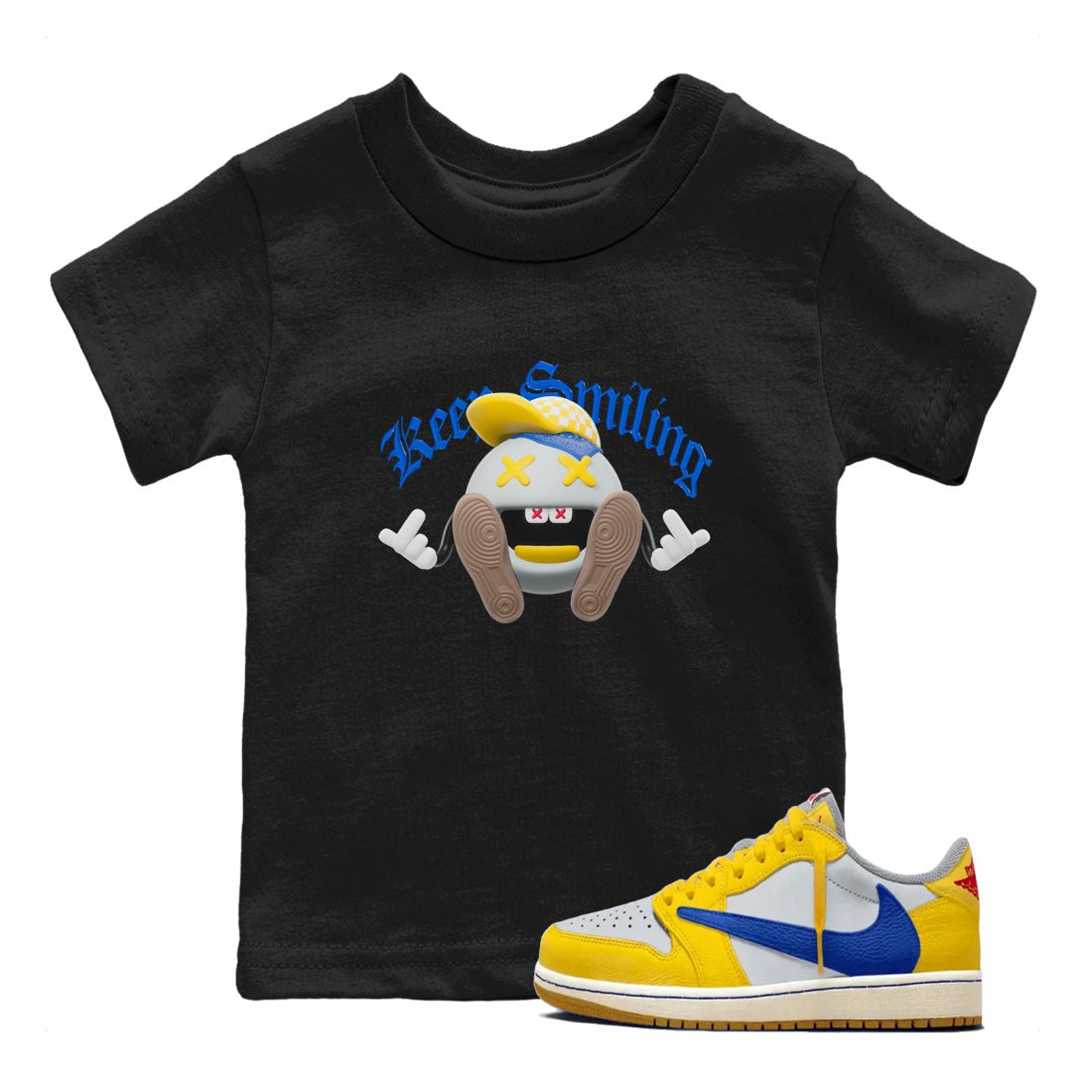 1s Travis Scott Canary shirt to match jordans Keep Smiling sneaker tees Air Jordan 1 Travis Scott Canary SNRT sneaker release tees baby toddler Black 1 cotton Shirt
