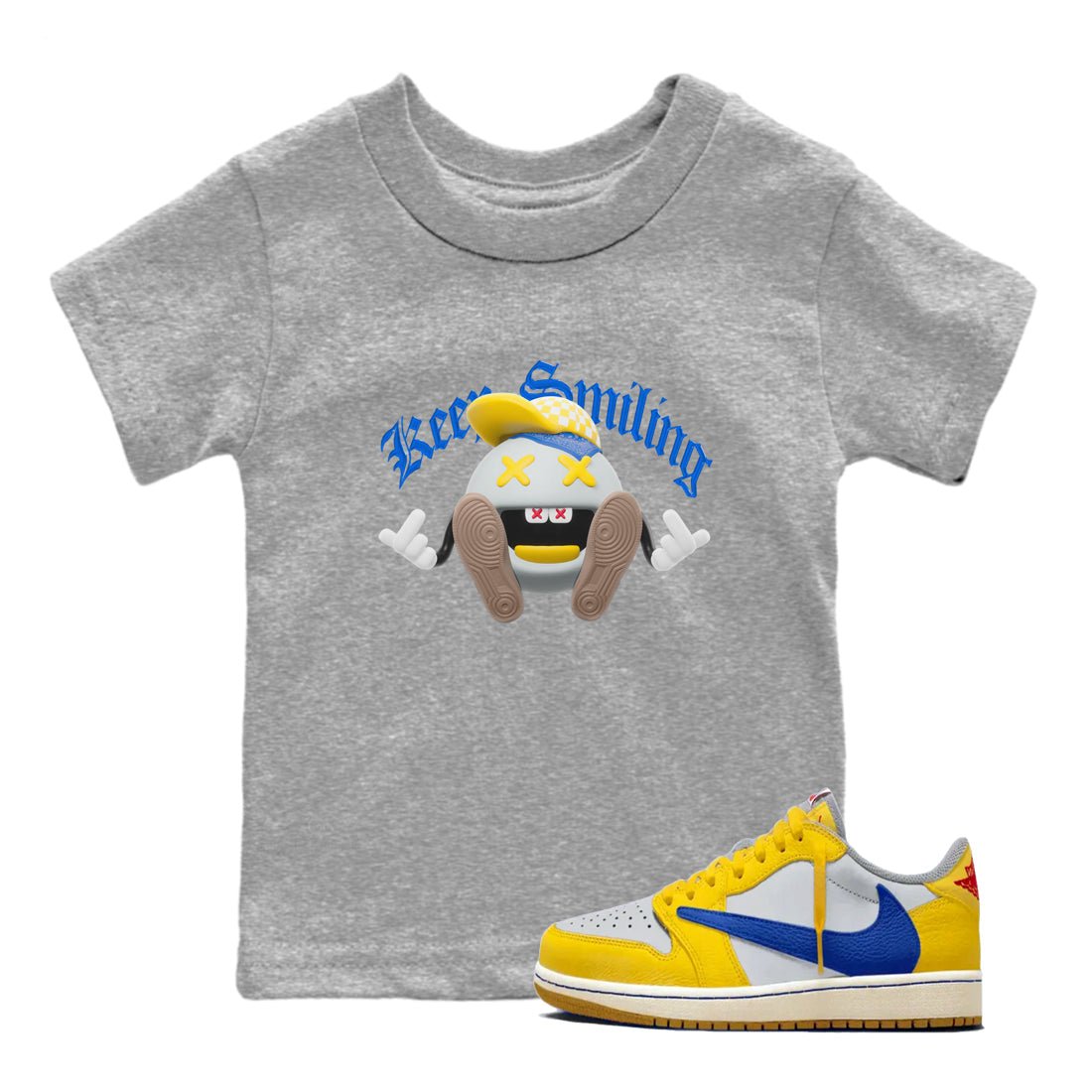 1s Travis Scott Canary shirt to match jordans Keep Smiling sneaker tees Air Jordan 1 Travis Scott Canary SNRT sneaker release tees baby toddler Heather Grey 1 cotton Shirt