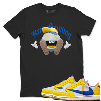 1s Travis Scott Canary shirt to match jordans Keep Smiling sneaker tees Air Jordan 1 Travis Scott Canary SNRT Sneaker Release Tees unisex cotton Black 1 crew neck shirt