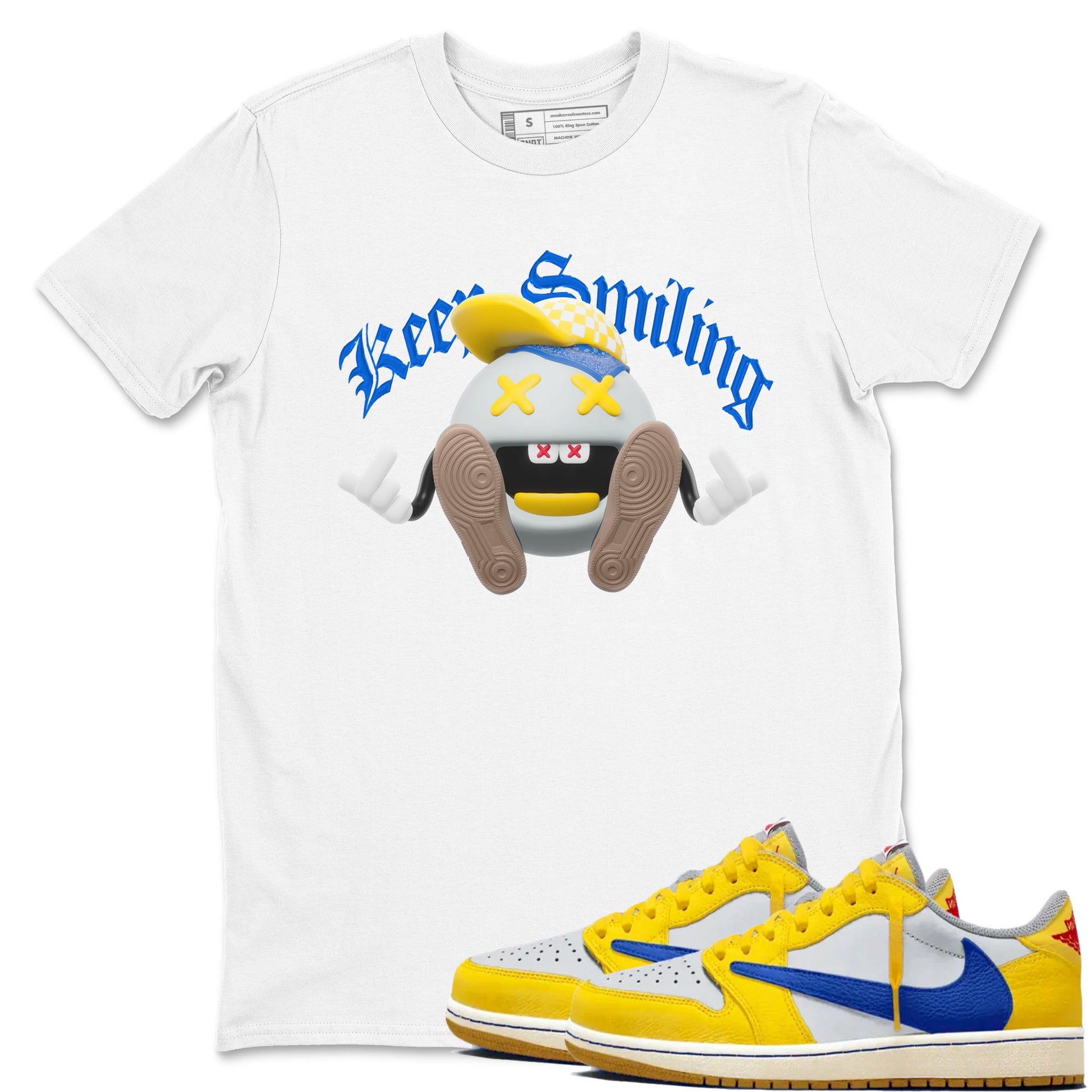 1s Travis Scott Canary shirt to match jordans Keep Smiling sneaker tees Air Jordan 1 Travis Scott Canary SNRT Sneaker Release Tees unisex cotton White 1 crew neck shirt