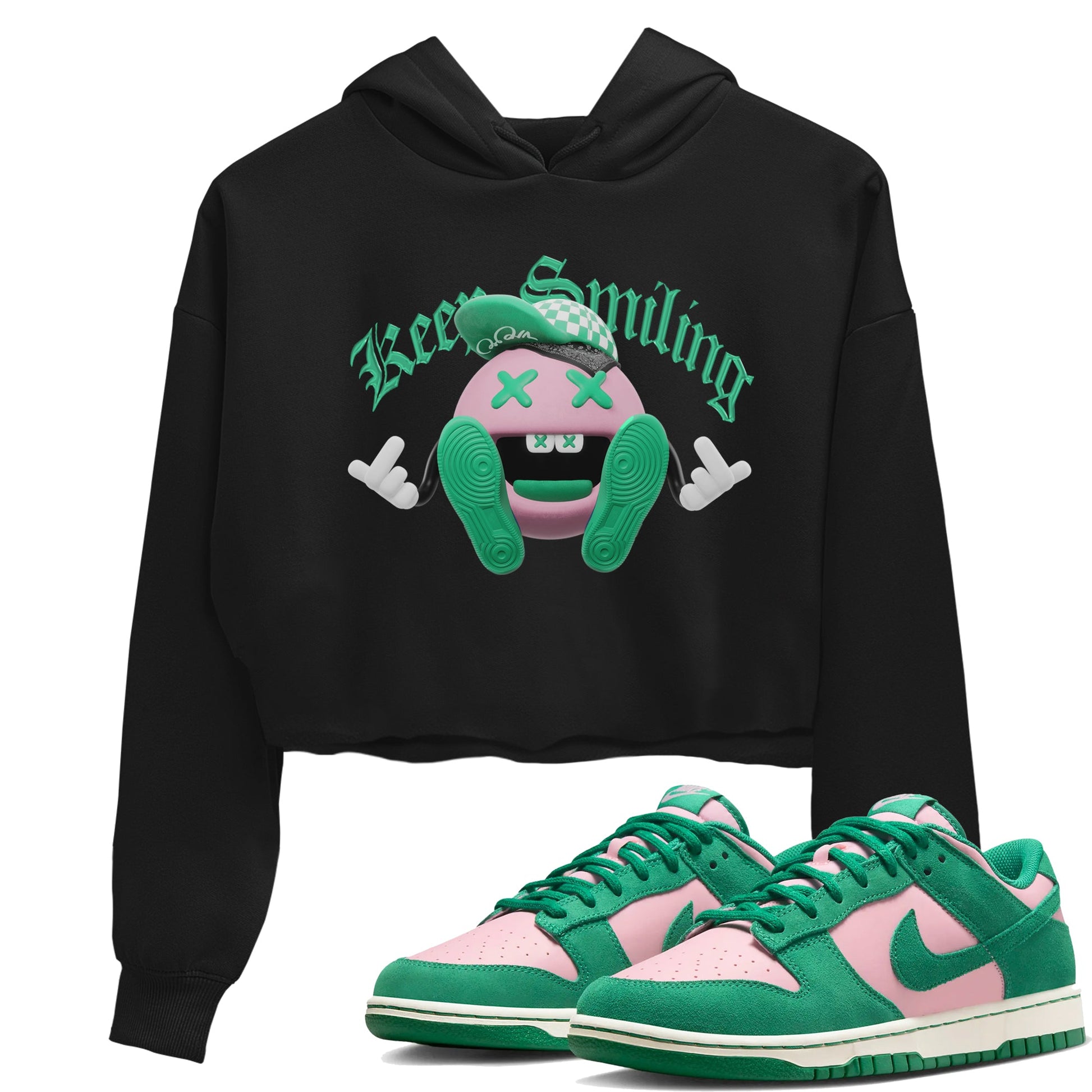 Dunk Low Medium Soft Pink Malachite shirt to match jordans Keep Smiling sneaker tees Dunk Medium Soft Pink Malachite SNRT Sneaker Release Tees Black 1 crop length shirt