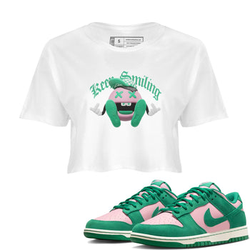 Dunk Low Medium Soft Pink Malachite shirt to match jordans Keep Smiling sneaker tees Dunk Medium Soft Pink Malachite SNRT Sneaker Release Tees White 1 crop length shirt