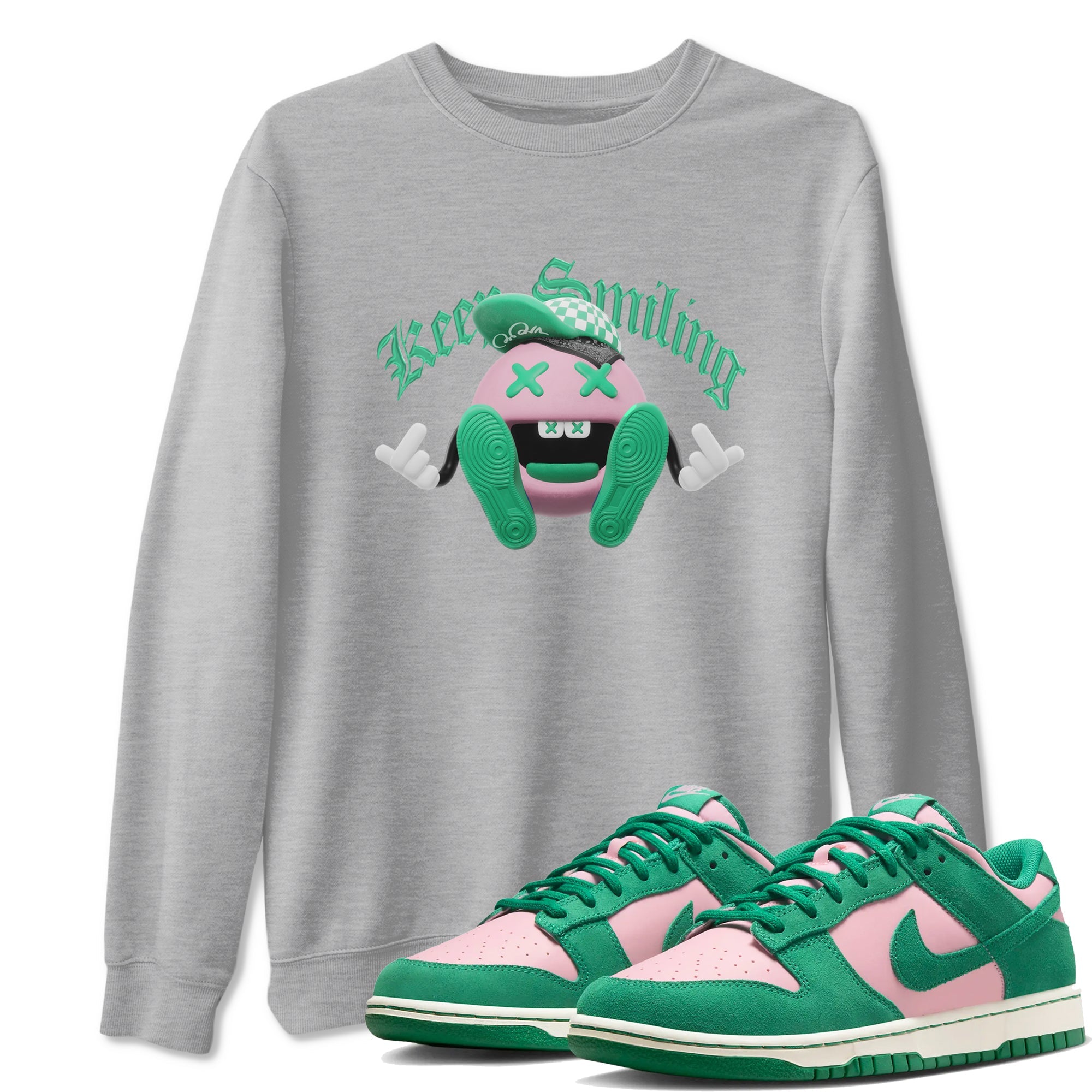 Dunk Low Medium Soft Pink Malachite shirt to match jordans Keep Smiling sneaker tees Dunk Medium Soft Pink Malachite SNRT Sneaker Release Tees unisex cotton Heather Grey 1 crew neck shirt