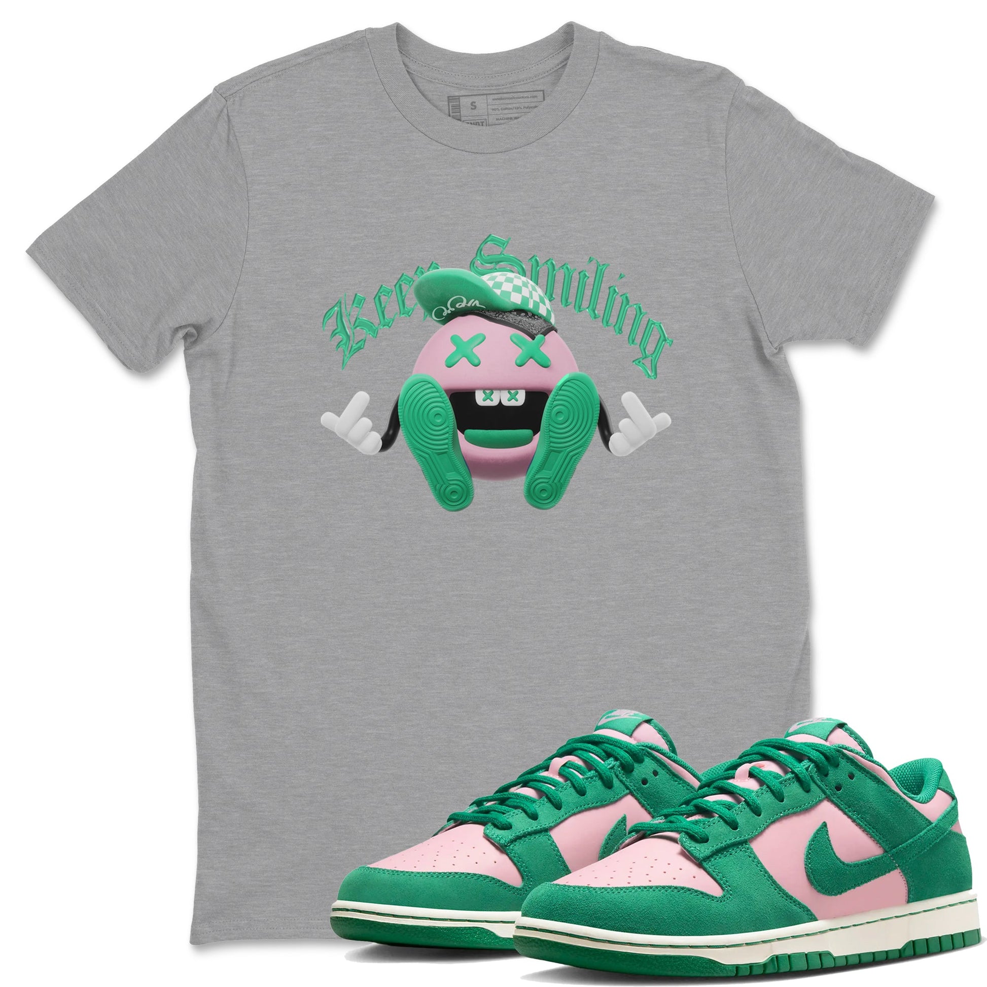 Dunk Low Medium Soft Pink Malachite shirt to match jordans Keep Smiling sneaker tees Dunk Medium Soft Pink Malachite SNRT Sneaker Release Tees unisex cotton Heather Grey 1 crew neck shirt