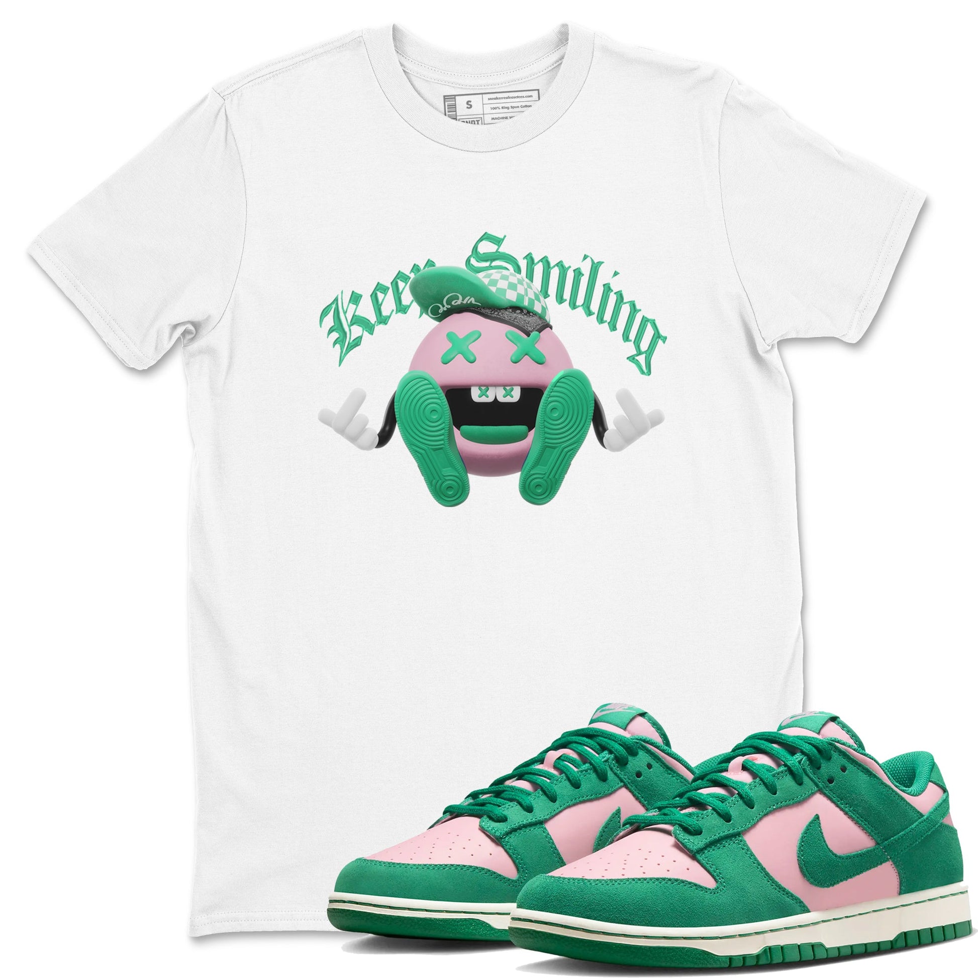 Dunk Low Medium Soft Pink Malachite shirt to match jordans Keep Smiling sneaker tees Dunk Medium Soft Pink Malachite SNRT Sneaker Release Tees unisex cotton White 1 crew neck shirt