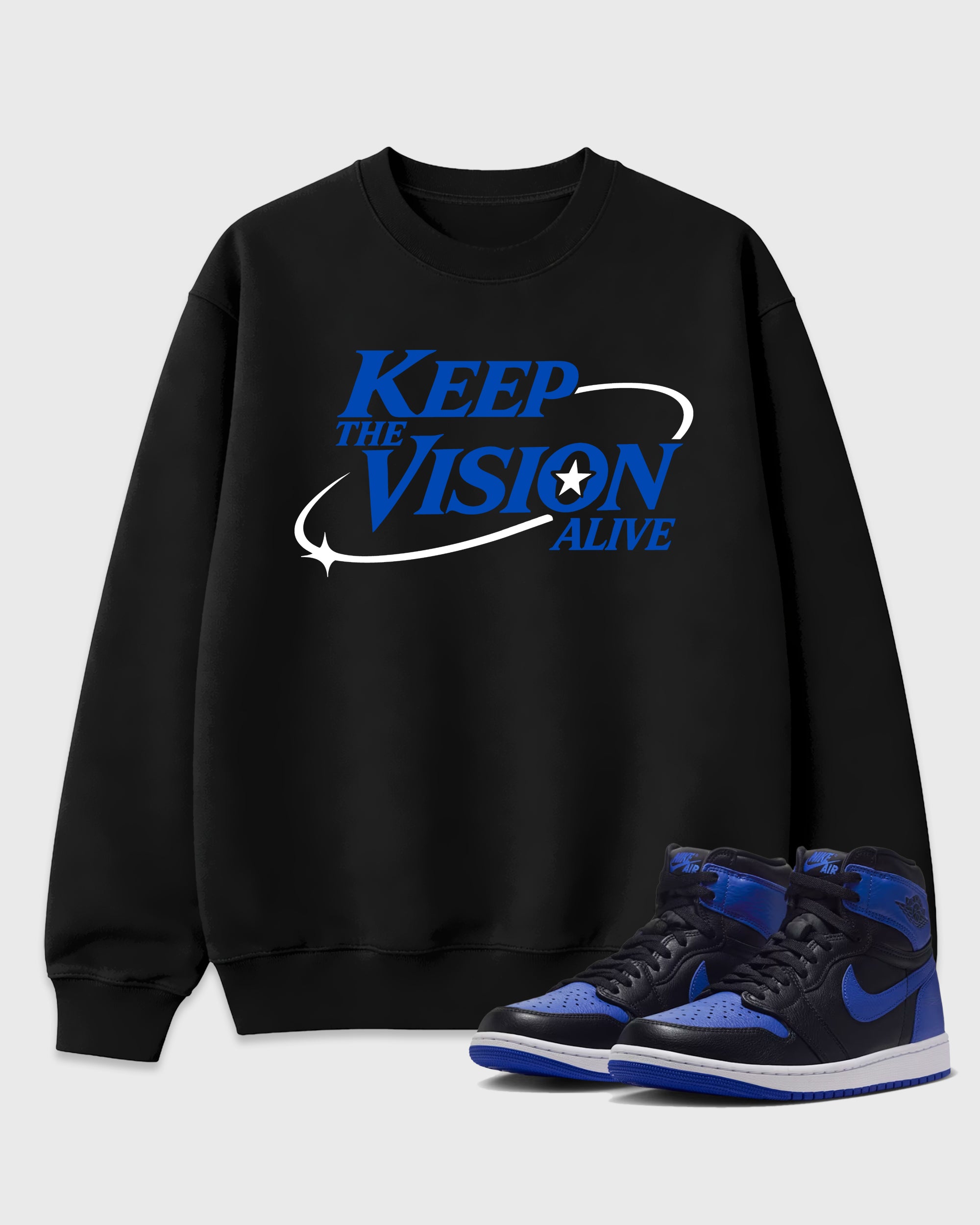 Keep The Vision Alive Graphic T-Shirt featuring original streetwear artwork designed to match the Air Jordan 1 Royal. Black 1 Graphic Tee.