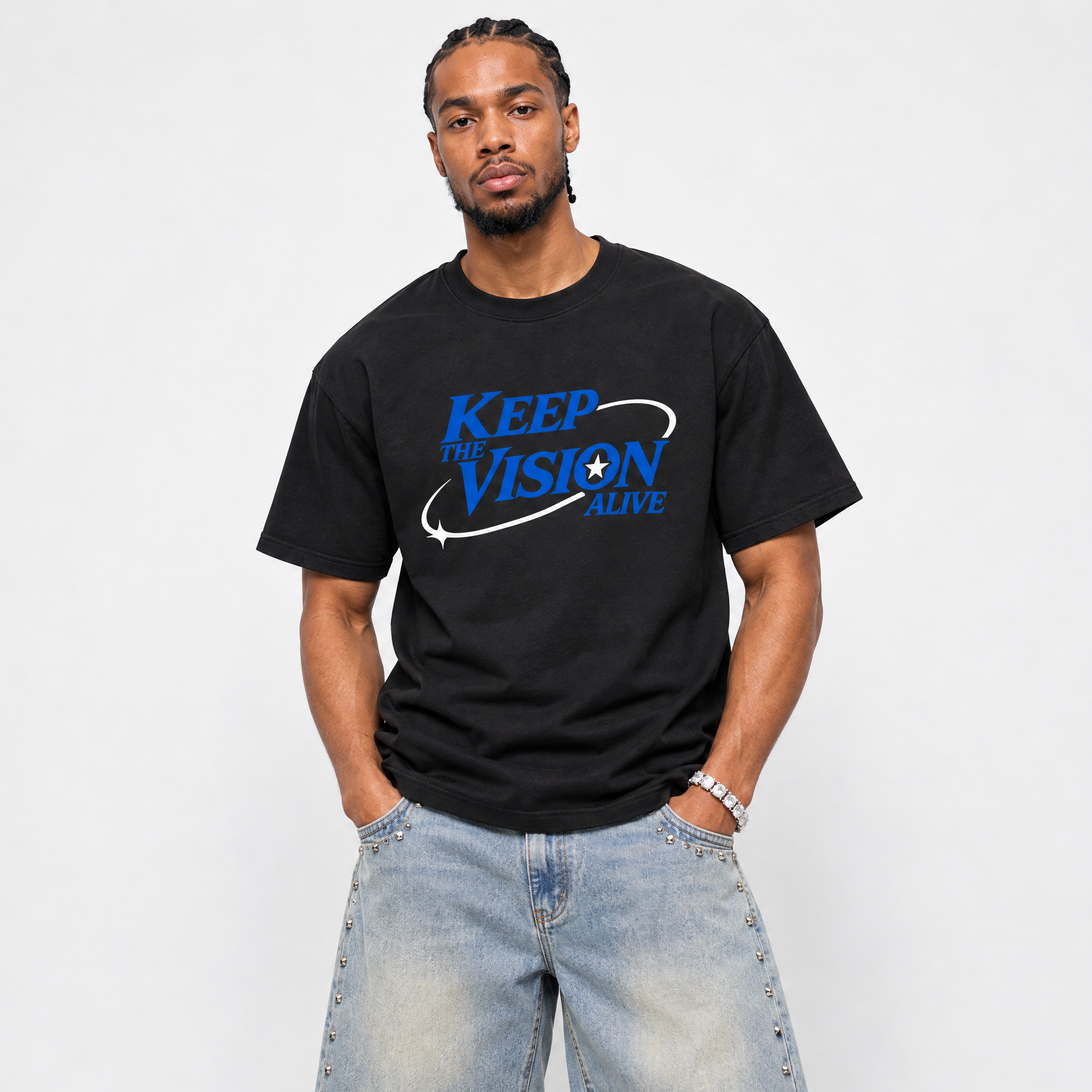 Keep The Vision Alive Graphic T-Shirt featuring original streetwear artwork designed to match the Air Jordan 1 Royal. Black 1 Graphic T-Shirt.
