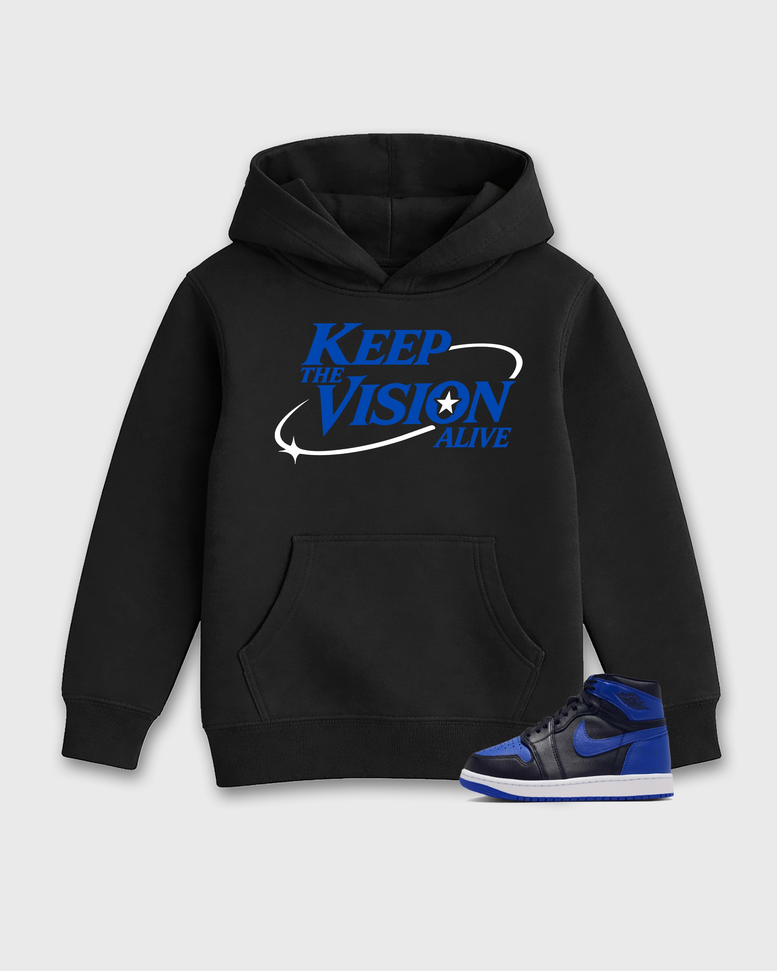 Keep The Vision Alive Baby & Kids Graphic Hoodie featuring original artwork designed to match the Air Jordan 1 Royal. Black 1 Kids Graphic Sweater.