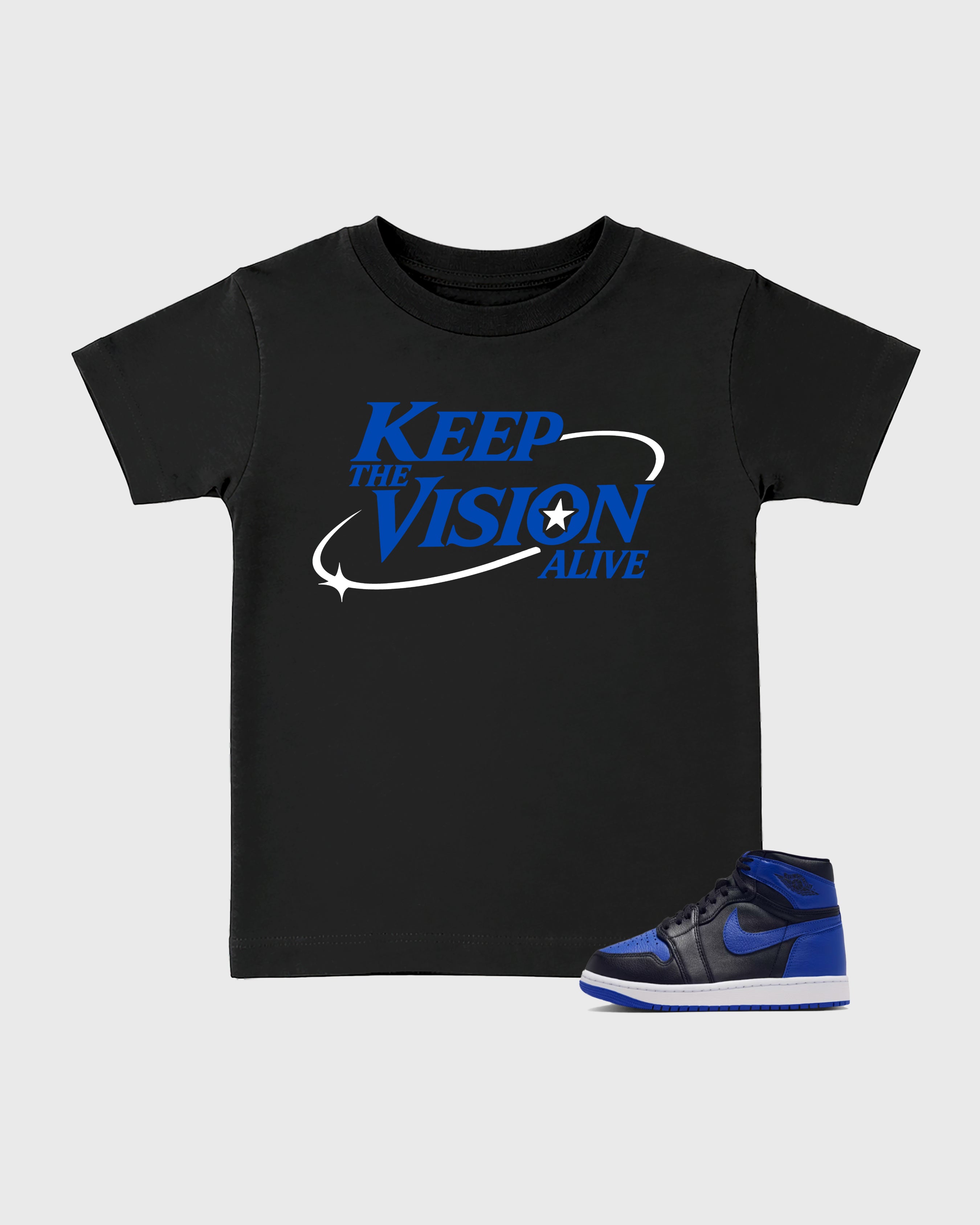 Keep The Vision Alive Baby & Kids Graphic T-Shirt featuring original artwork designed to match the Air Jordan 1 Royal. Black 1 Kids Graphic Tee.