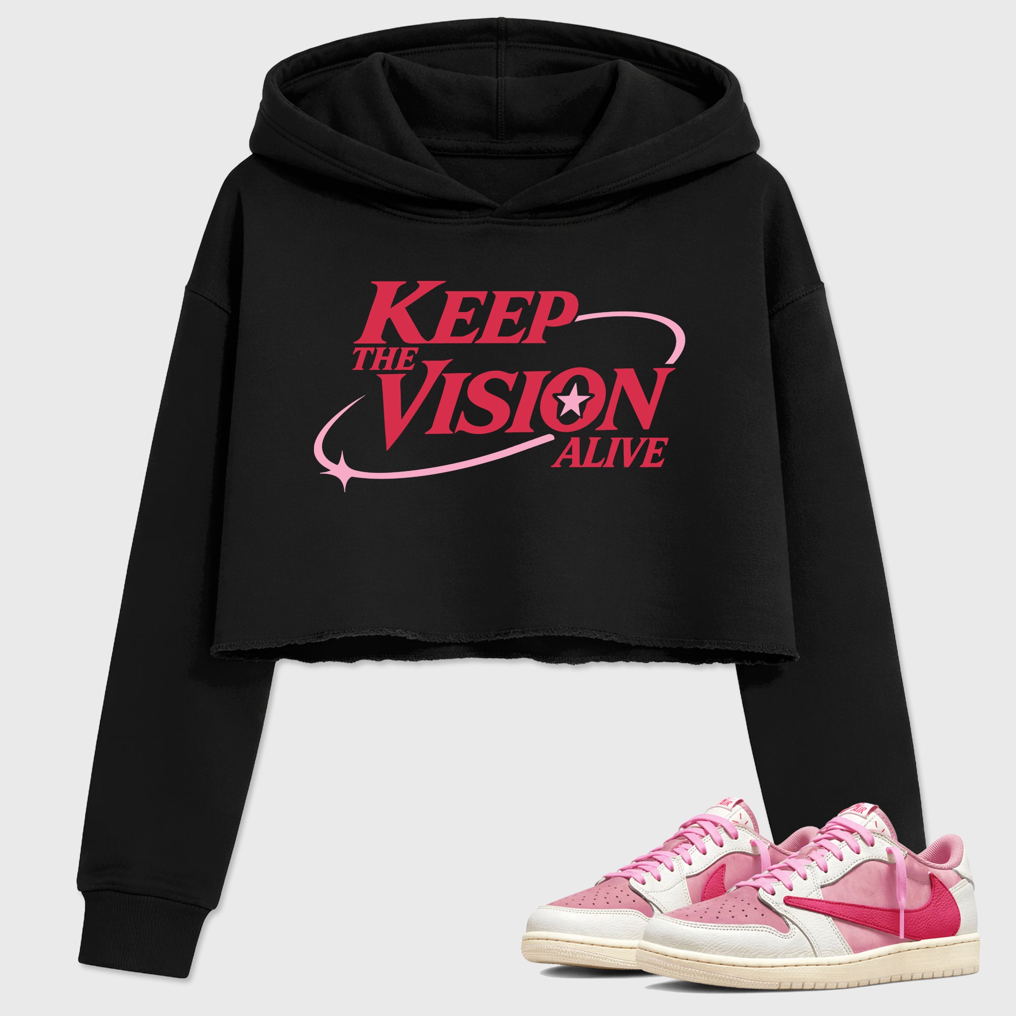 Keep The Vision Alive women’s crop tee designed to match the Air Jordan 1 Travis Scott Tropical Pink, featuring coordinated Black 1 options for a perfect streetwear vibe.