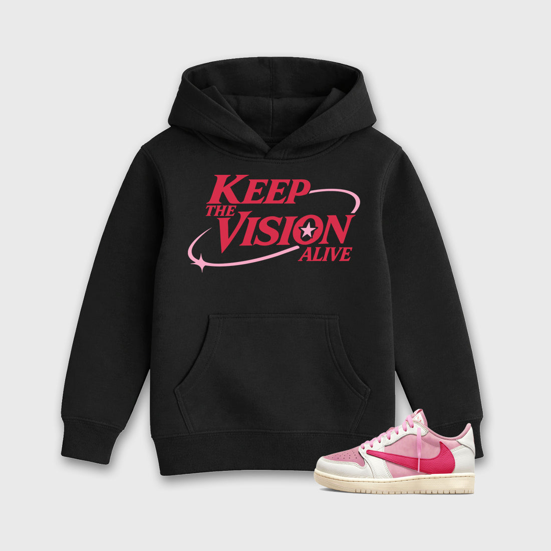 Keep The Vision Alive affordable baby and kids t-shirt designed to match the Air Jordan 1 Travis Scott Tropical Pink, featuring coordinated Black 1 options for the perfect little sneakerhead streetwear look.