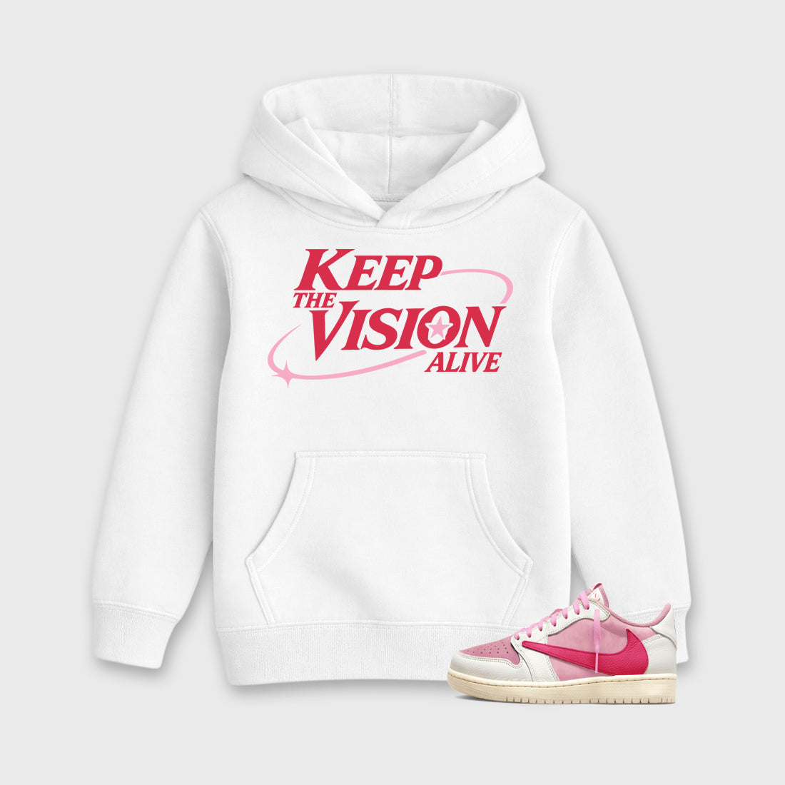 Keep The Vision Alive affordable baby and kids t-shirt designed to match the Air Jordan 1 Travis Scott Tropical Pink, featuring coordinated White 1 options for the perfect little sneakerhead streetwear look.