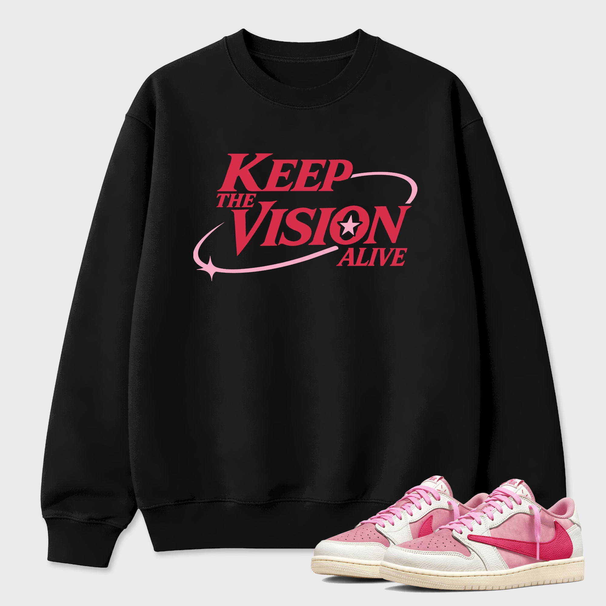 Keep The Vision Alive Graphic T-Shirt sneaker match tee designed for the Air Jordan 1 Travis Scott Tropical Pink, featuring coordinated color options for a perfect streetwear match. Black 1 shirt.