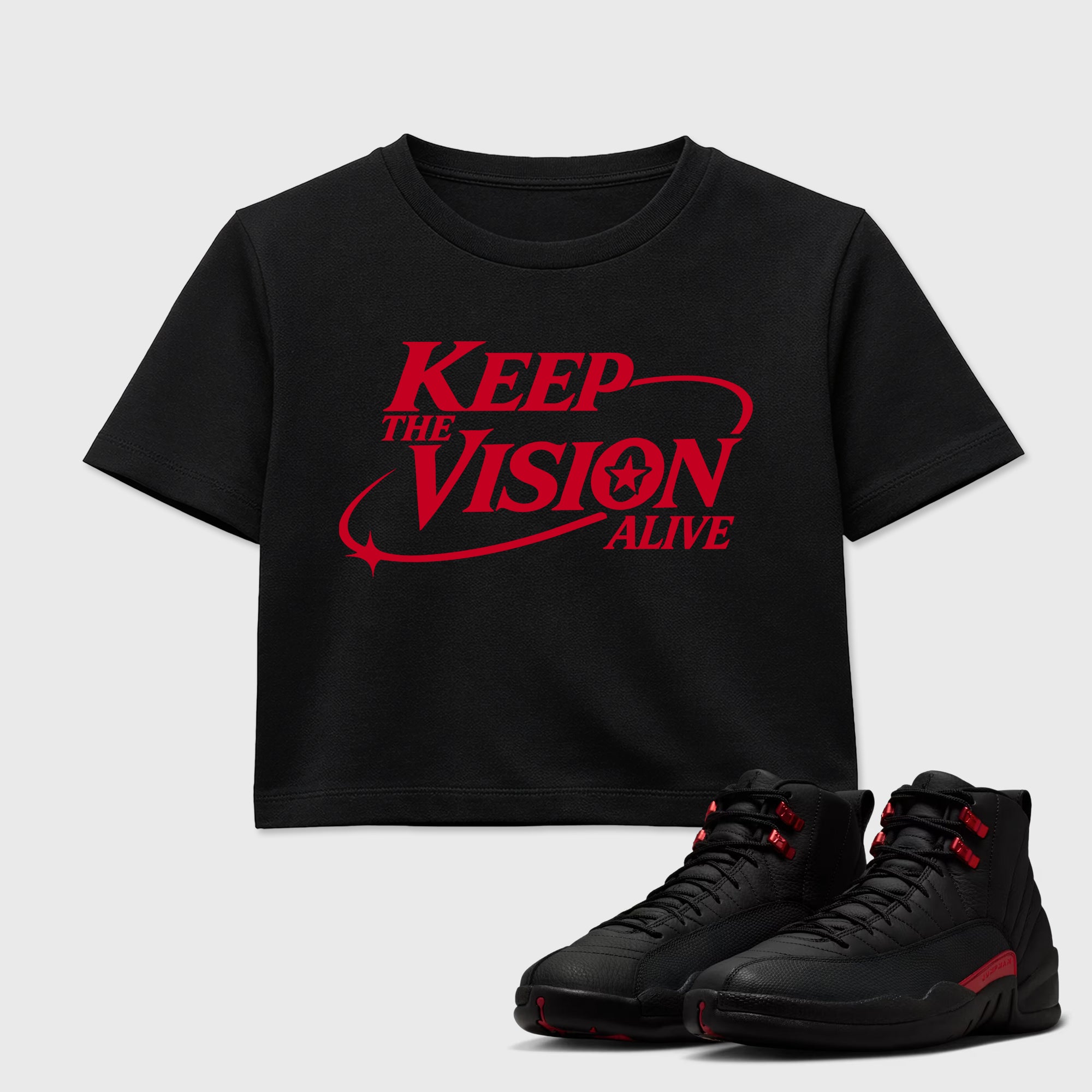 Keep The Vision Alive women’s crop tee designed to match the Air Jordan 12 Bloodline, featuring coordinated Black 1 options for a perfect streetwear vibe.