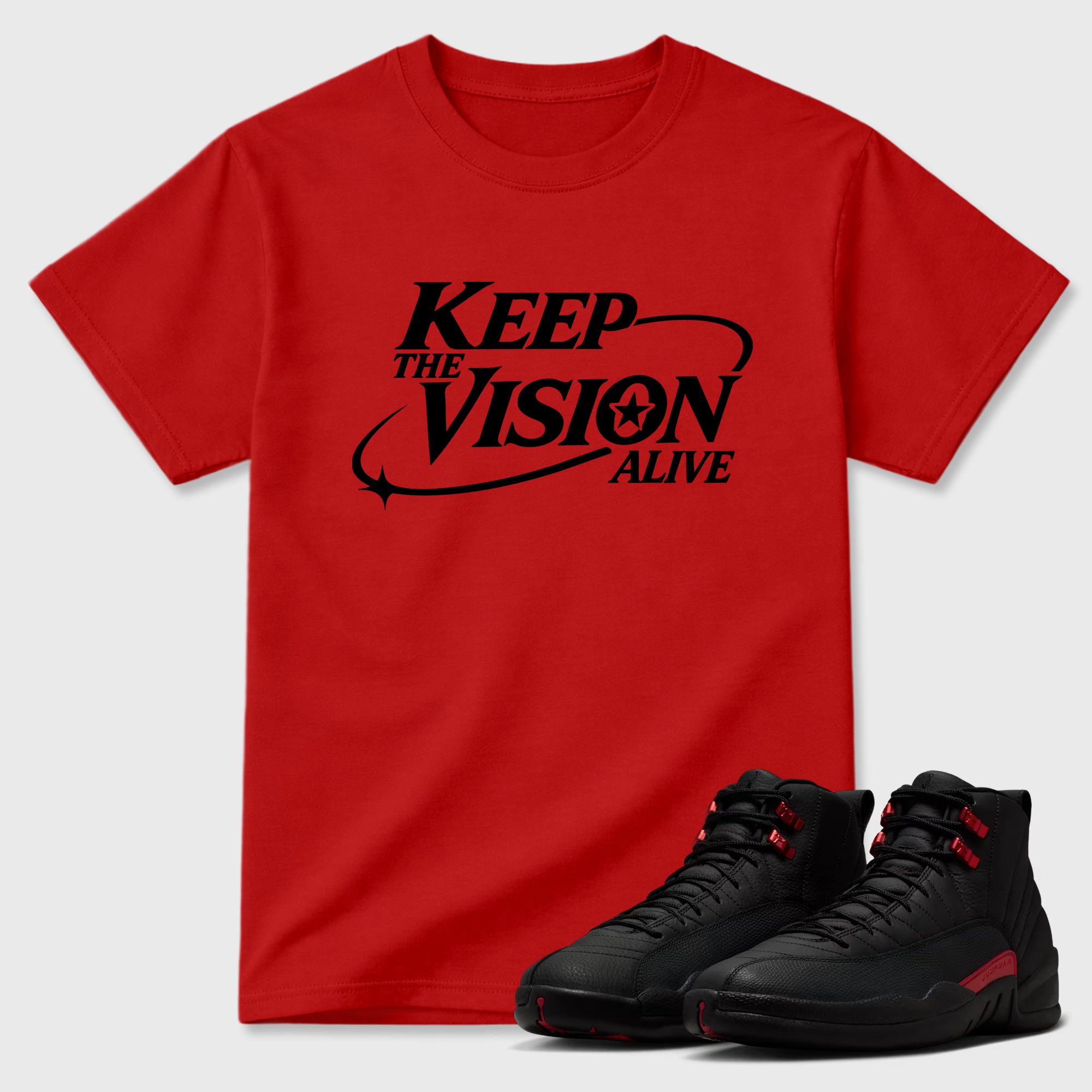 Keep The Vision Alive Graphic T-Shirt sneaker match tee designed for the Air Jordan 12 Bloodline, featuring coordinated color options for a perfect streetwear match. Red 1 shirt.