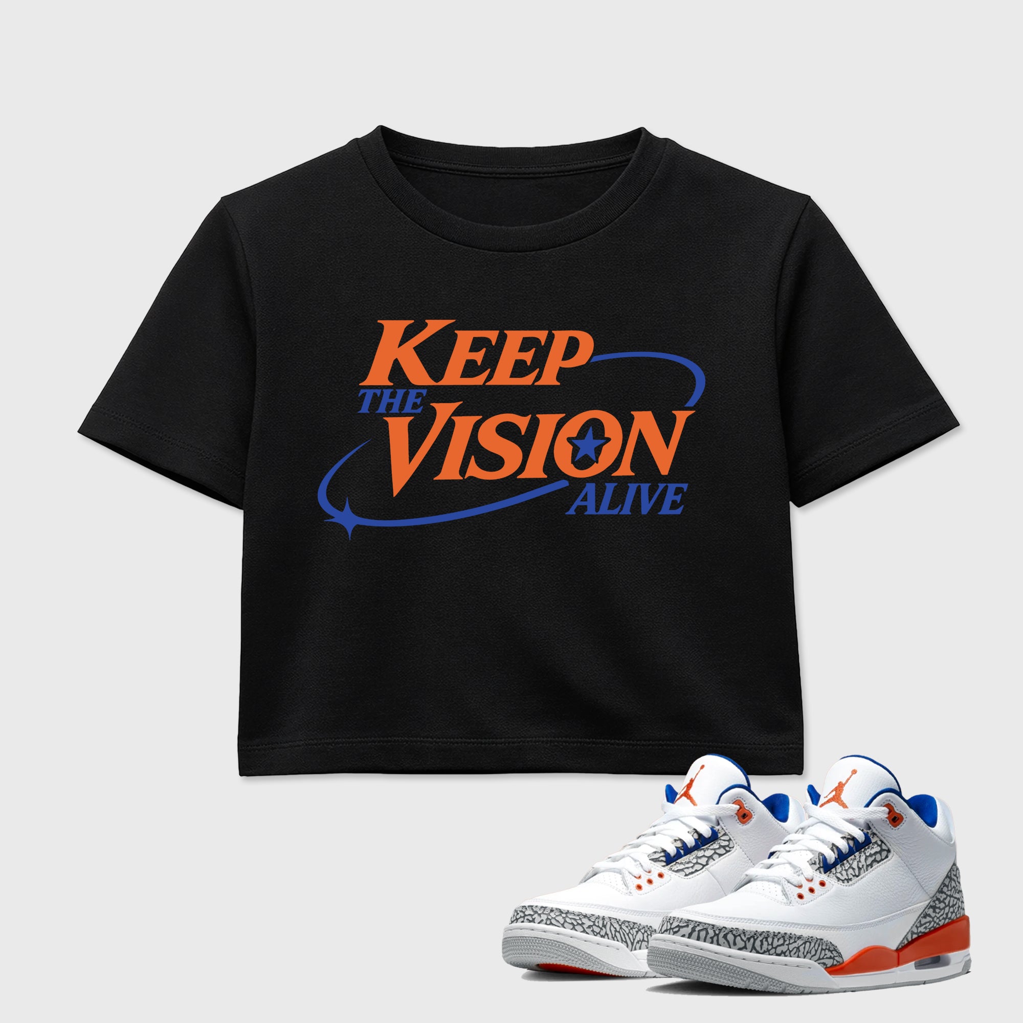 Keep The Vision Alive women’s crop tee designed to match the Air Jordan 3 Knicks, featuring coordinated Black 1 options for a perfect streetwear vibe.