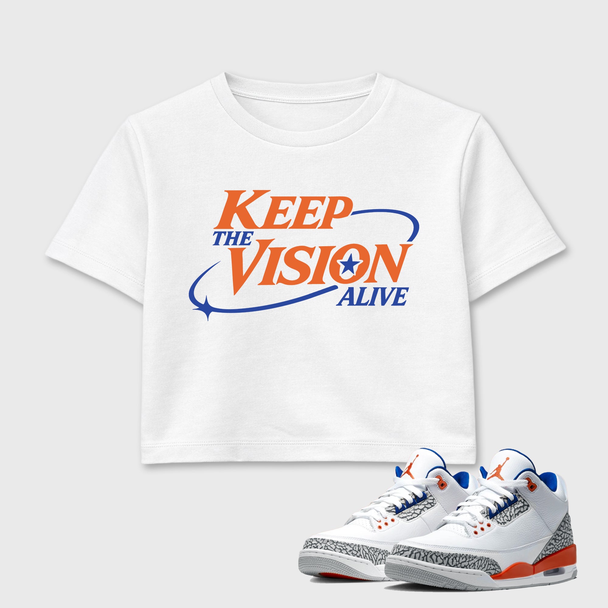 Keep The Vision Alive women’s crop tee designed to match the Air Jordan 3 Knicks, featuring coordinated White 1 options for a perfect streetwear vibe.