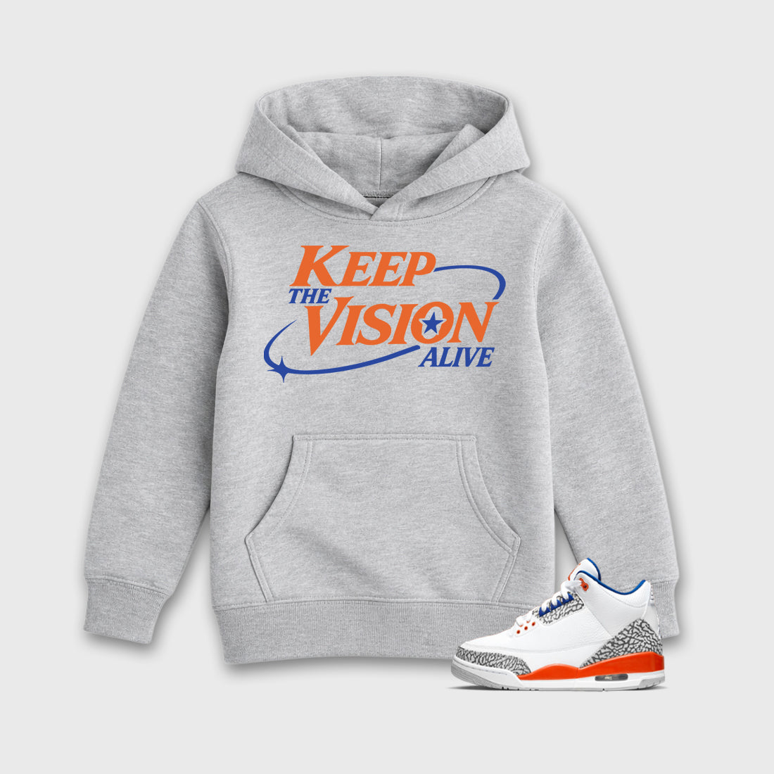 Keep The Vision Alive affordable baby and kids t-shirt designed to match the Air Jordan 3 Knicks, featuring coordinated Heather Grey 1 options for the perfect little sneakerhead streetwear look.