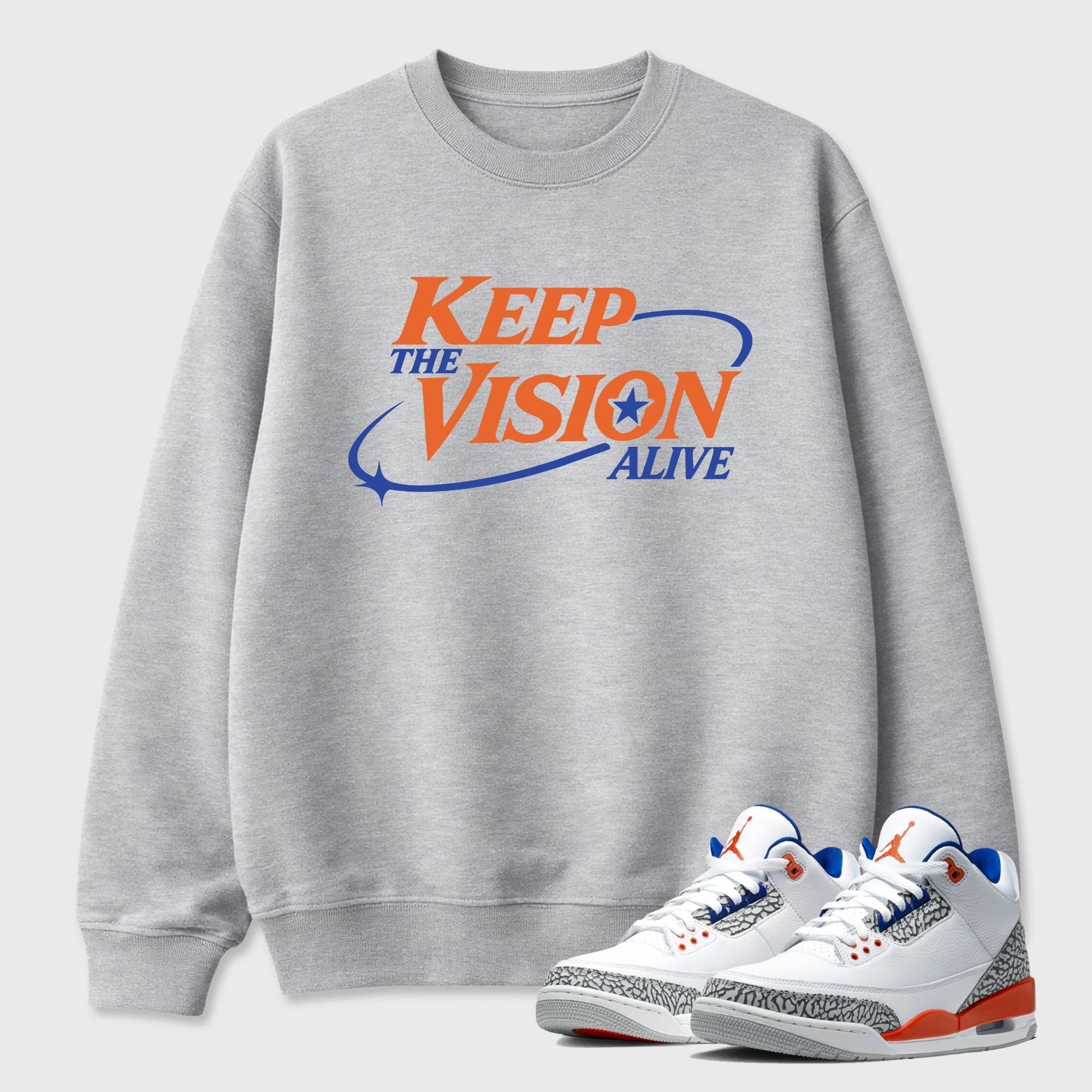 Keep The Vision Alive Graphic T-Shirt sneaker match tee designed for the Air Jordan 3 Knicks, featuring coordinated color options for a perfect streetwear match. Heather Grey 1 shirt.