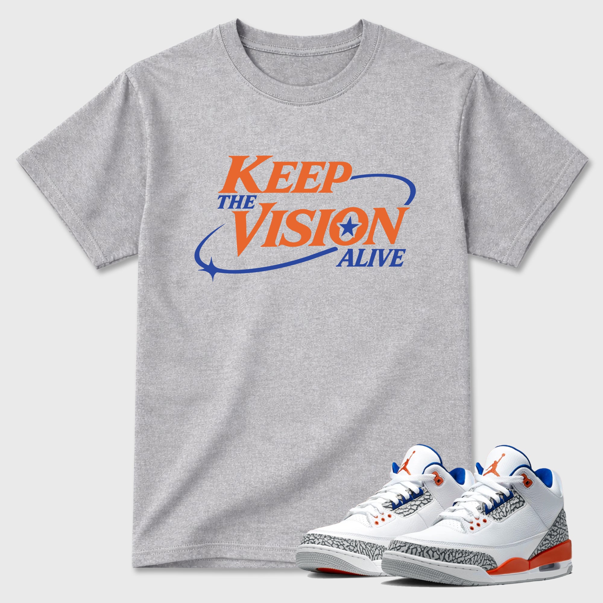 Keep The Vision Alive Graphic T-Shirt sneaker match tee designed for the Air Jordan 3 Knicks, featuring coordinated color options for a perfect streetwear match. Heather Grey 1 shirt.
