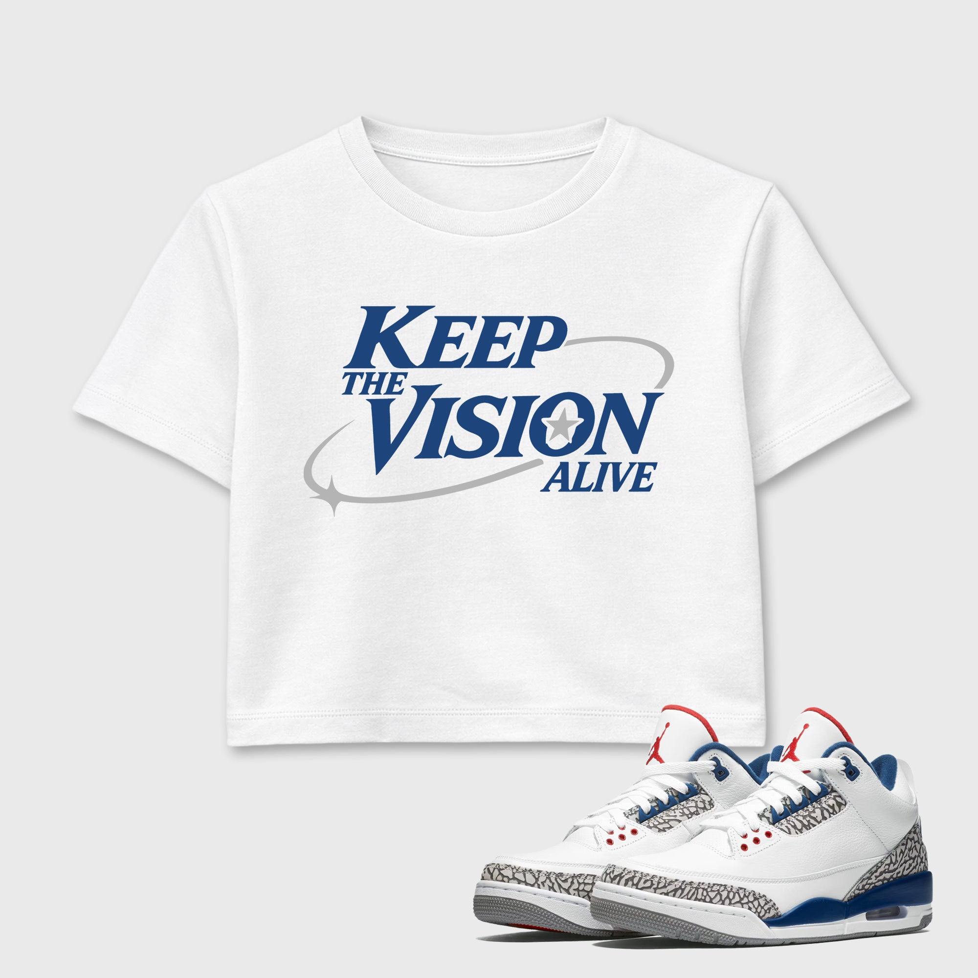 Keep The Vision Alive women’s crop tee designed to match the Air Jordan 3 True Blue, featuring coordinated White 1 options for a perfect streetwear vibe.