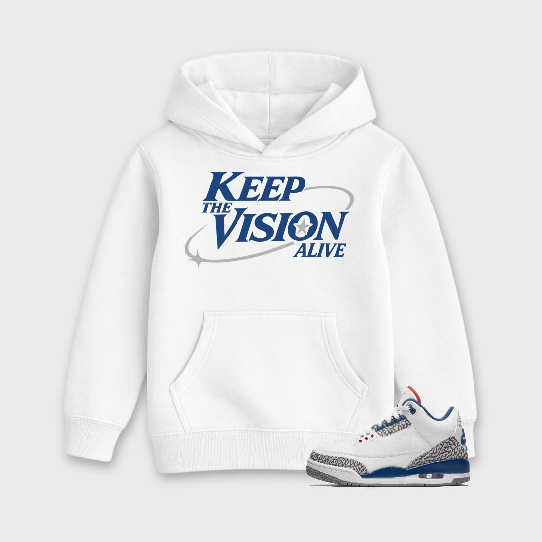 Keep The Vision Alive affordable baby and kids t-shirt designed to match the Air Jordan 3 True Blue, featuring coordinated White 1 options for the perfect little sneakerhead streetwear look.