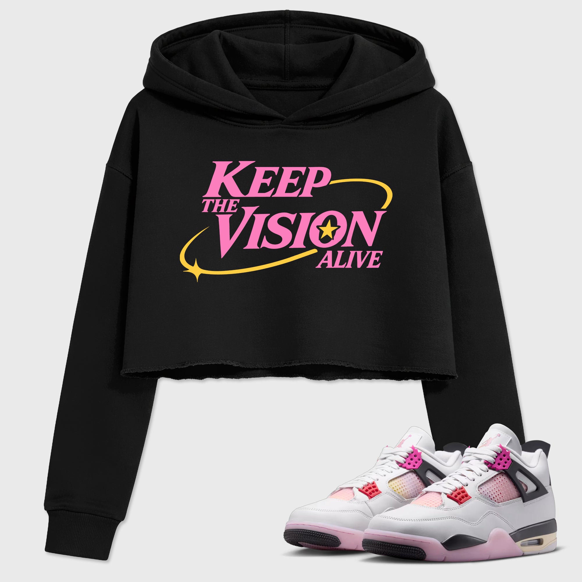 Keep The Vision Alive Women’s Graphic Crop Tee featuring original streetwear artwork designed to match the Air Jordan 4 Comic. Black 1 Crop Tee.