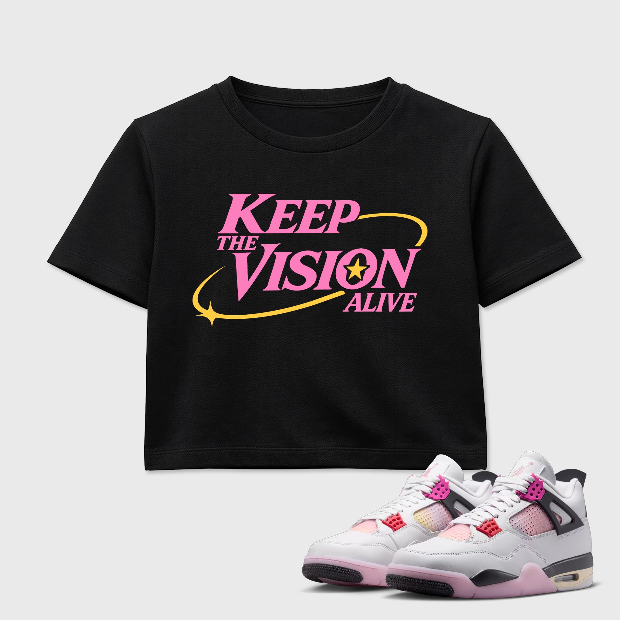 Keep The Vision Alive women’s crop tee designed to match the Air Jordan 4 Comic, featuring coordinated Black 1 options for a perfect streetwear vibe.