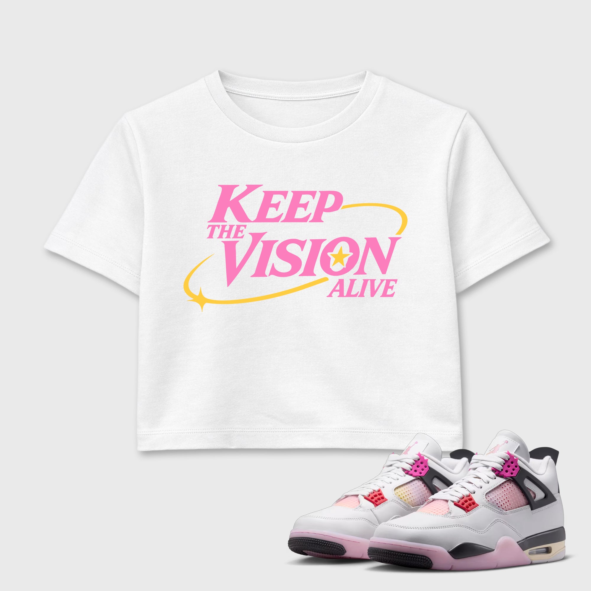 Keep The Vision Alive women’s crop tee designed to match the Air Jordan 4 Comic, featuring coordinated White 1 options for a perfect streetwear vibe.