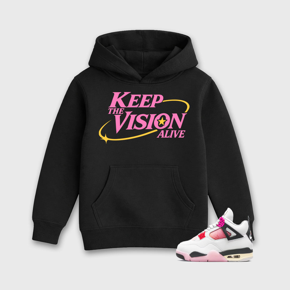 Keep The Vision Alive Baby & Kids Graphic Hoodie featuring original artwork designed to match the Air Jordan 4 Comic. Black 1 Kids Graphic Sweater.