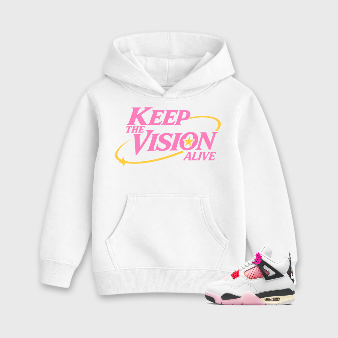Keep The Vision Alive Baby & Kids Graphic Hoodie featuring original artwork designed to match the Air Jordan 4 Comic. White 1 Kids Graphic Sweater.
