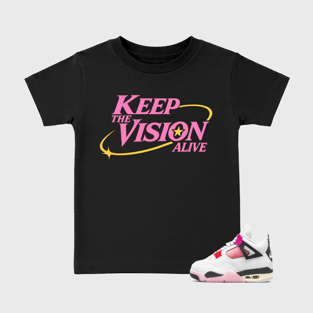Keep The Vision Alive Baby & Kids Graphic T-Shirt featuring original artwork designed to match the Air Jordan 4 Comic. Black 1 Kids Graphic Tee.