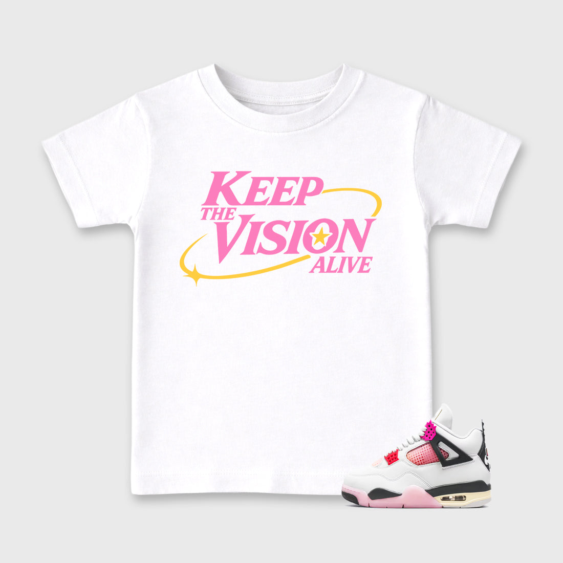 Keep The Vision Alive Baby & Kids Graphic T-Shirt featuring original artwork designed to match the Air Jordan 4 Comic. White 1 Kids Graphic Tee.