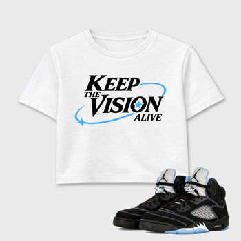 Keep The Vision Alive women’s crop tee designed to match the Air Jordan 5 Black Carolina, featuring coordinated White 1 options for a perfect streetwear vibe.