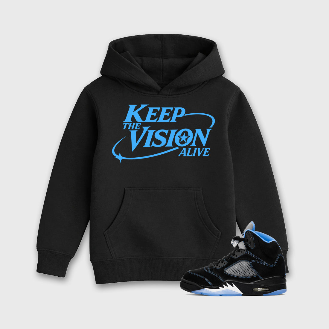 Keep The Vision Alive affordable baby and kids t-shirt designed to match the Air Jordan 5 Black Carolina, featuring coordinated Black 1 options for the perfect little sneakerhead streetwear look.