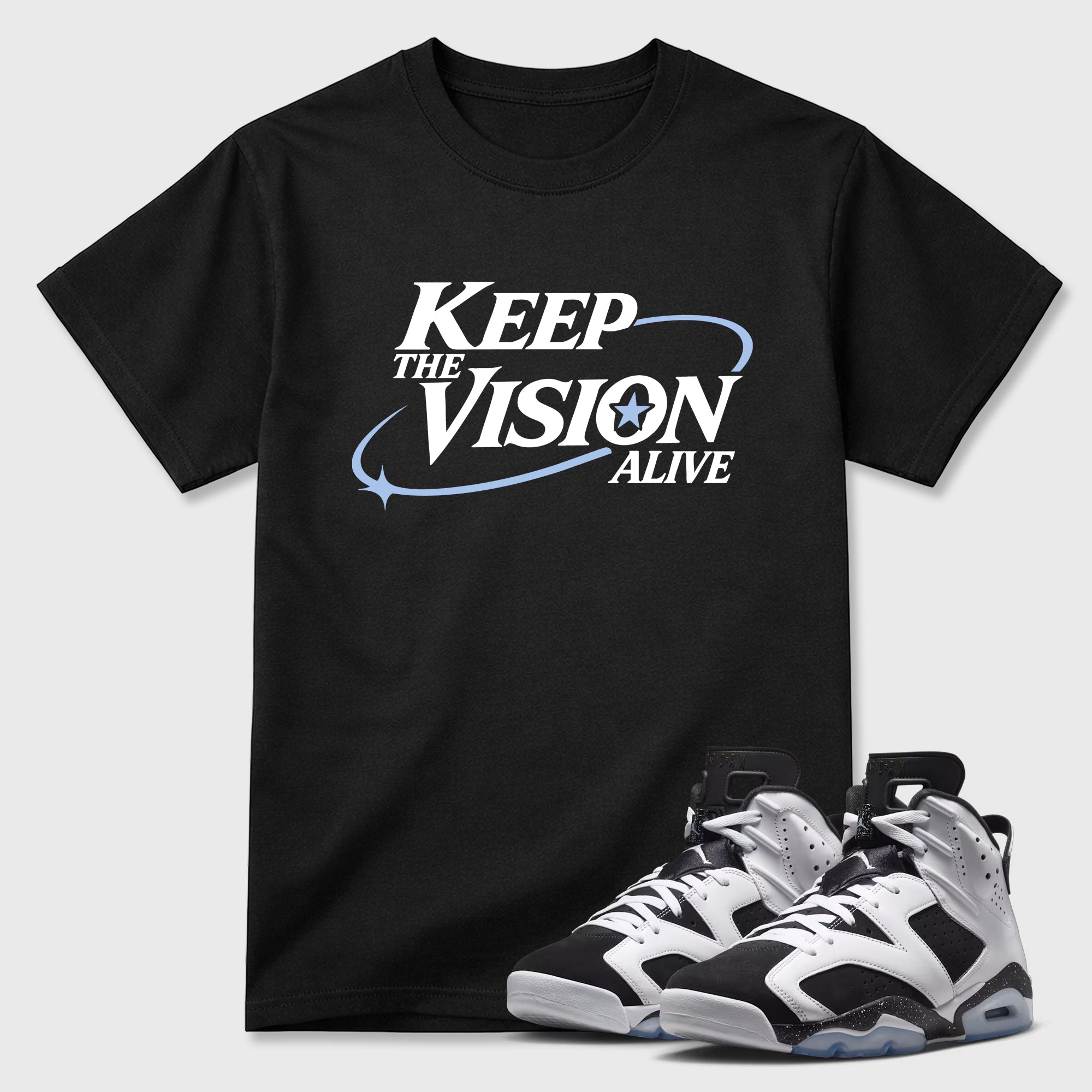 Keep The Vision Alive Graphic T-Shirt featuring original streetwear artwork designed to match the Air Jordan 6 Black and White. Black 1 Graphic T-Shirt.